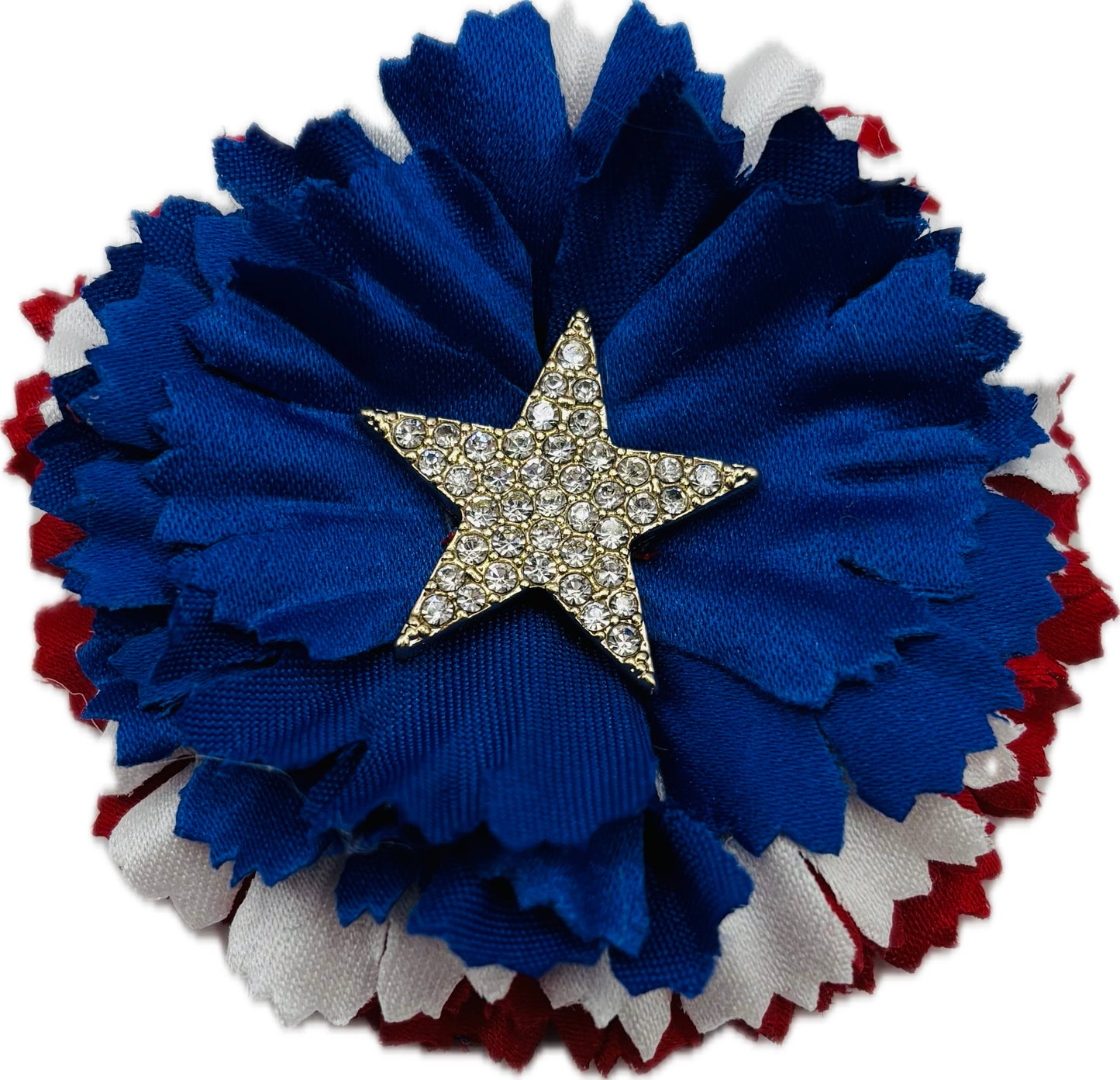 USA Classic Silk Carnation with Star Crystal Center.  Both a  Brooch & Clip. Size 3” Made in the USA.  Clip into hair, onto necklace, dress, lapel, handbag & more.