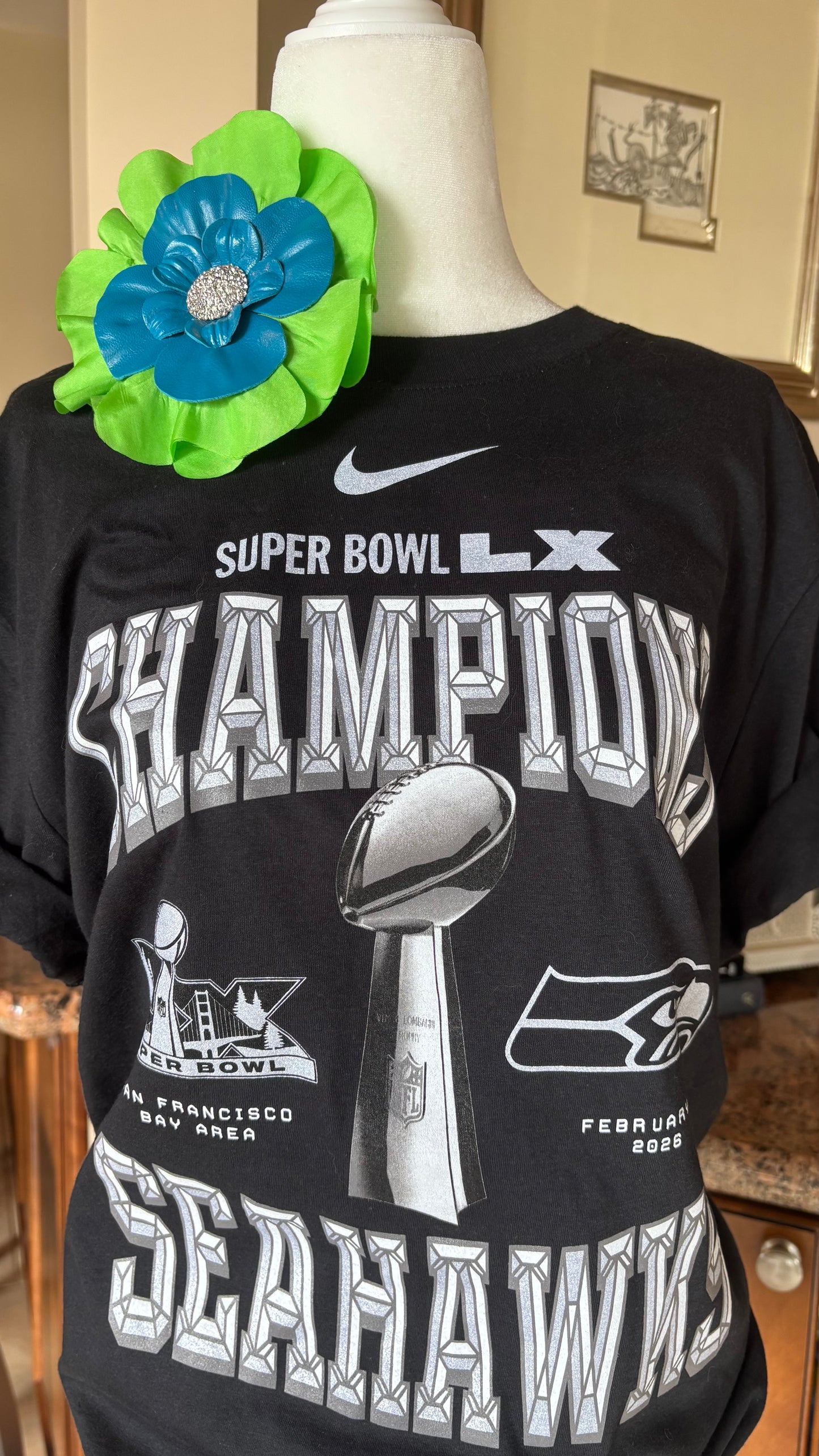 "Seattle SEAHAWKS" Lime Silk and Blue Leather Silk Poppy Crystal Brooch and Clip: Bendable Petals.  Wear on jersey, in hair, on handbag and more