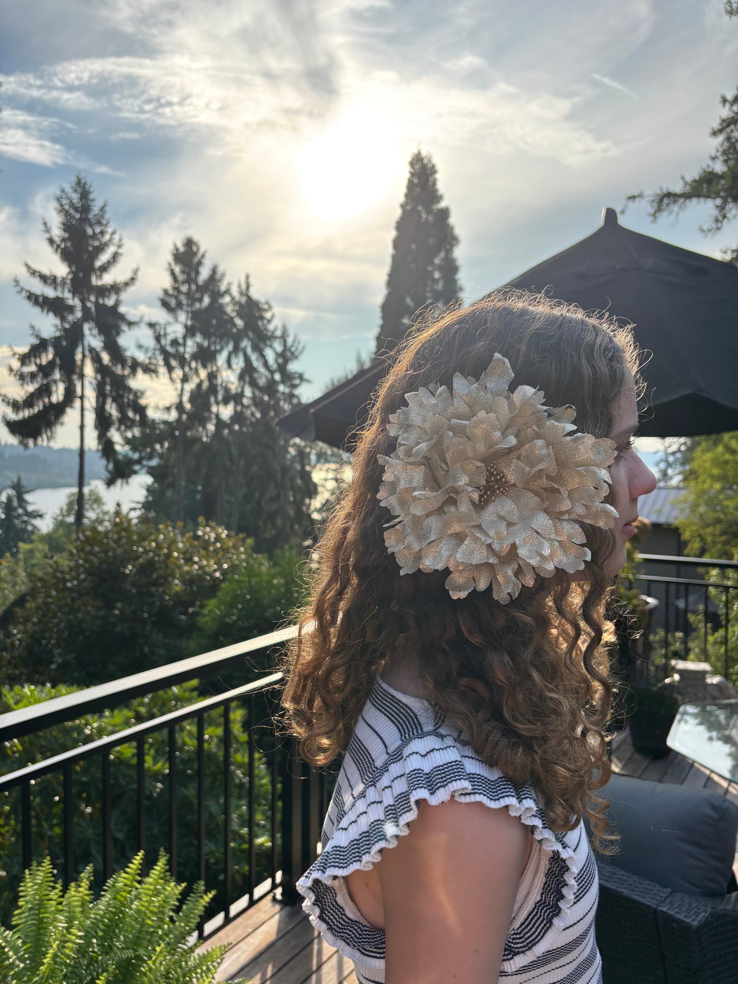 Karin’s Garden Empress 8" Gold Metallic Flower Pin and Clip.  Made in the USA with Love