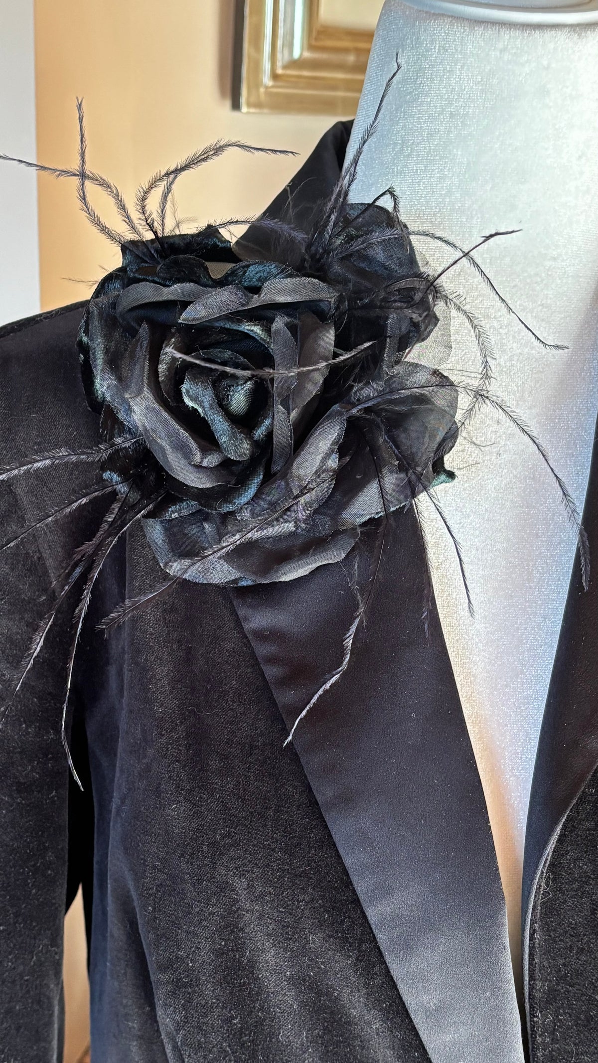 St John II - Black Silk Organza and Silk Velvet Rose Pin Clip with Ostrich.  Clip or Pin into your hair, wear on your lapel, dress, handbag, necklace or hat.