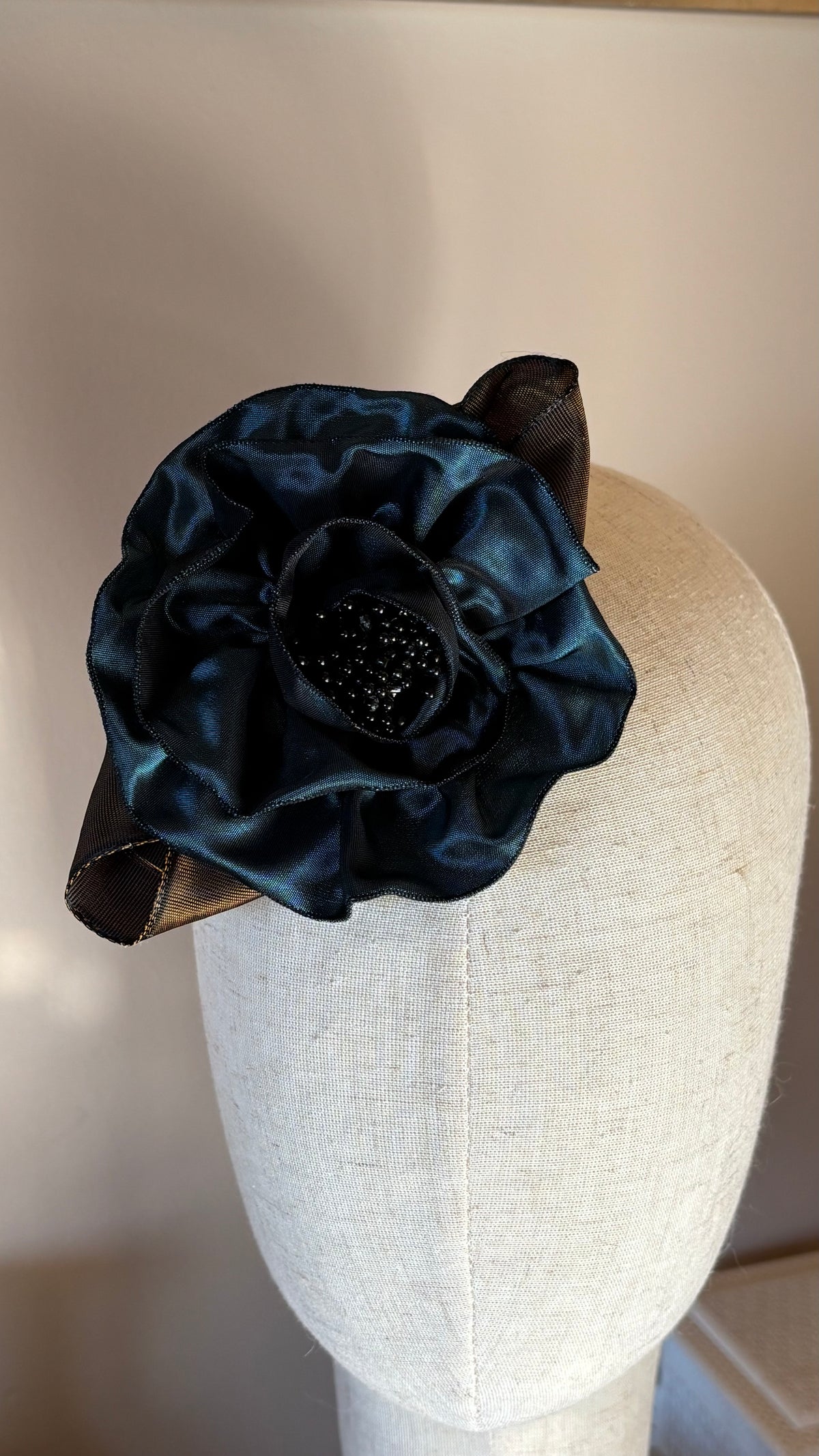 Francesca Petite Brooch & Clip in Teal.  Pin or Clip to dresses, lapels, handbag or hat.  Made in the USA.  You can reshape the flower and leaves.  Taffeta from France.