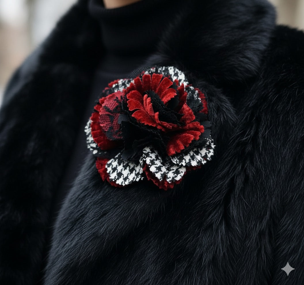 "Brooke" Red White & Black Wool Houndstooth Velvet & Lace Flower Brooch and Clip 3" Made in the USA with Love