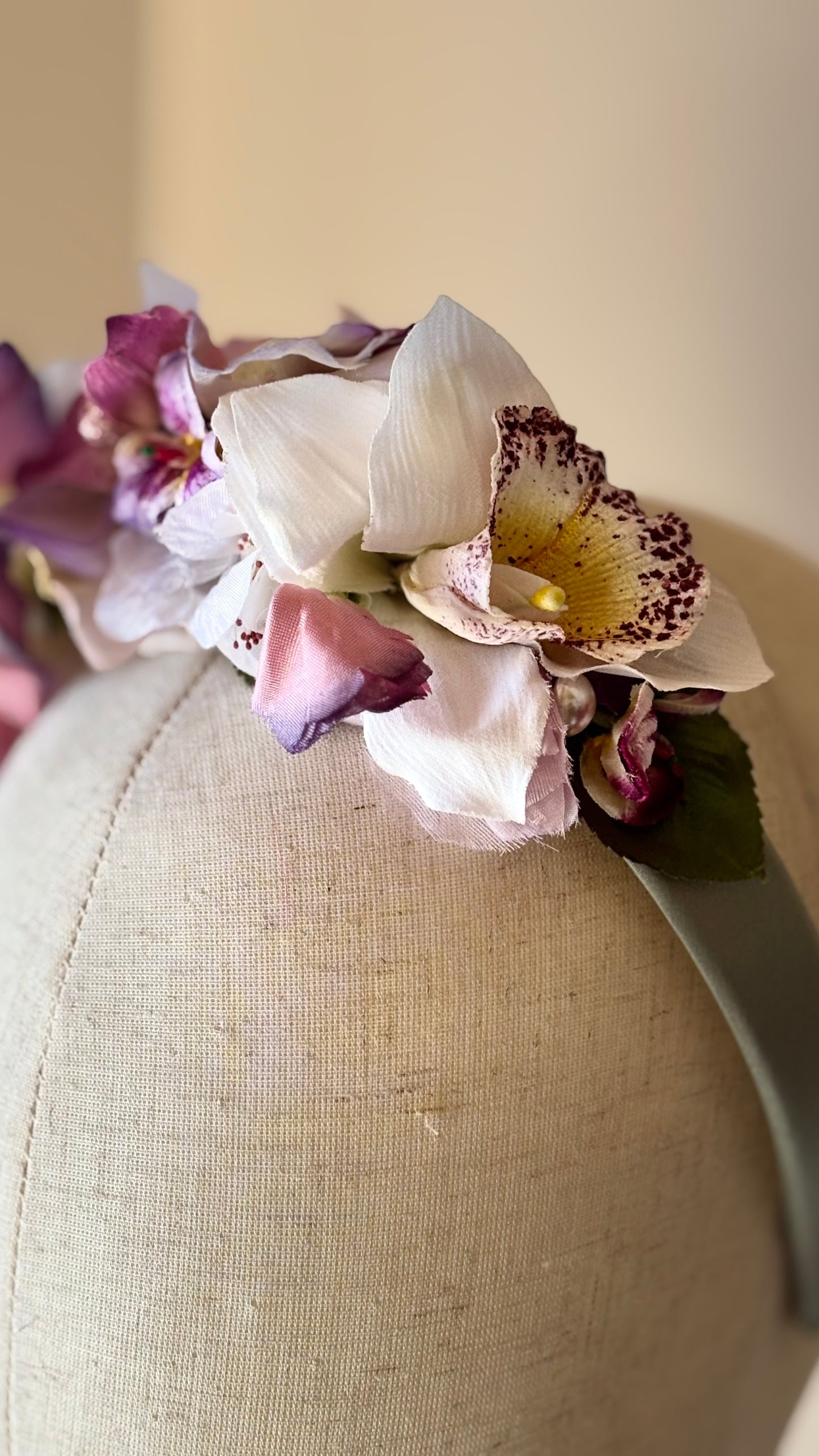 Karin's Garden "Wisteria Whisper" one-of-a-kind sage silk 1" Comfort Fit Non-Slip Headband. Limited Edition Only one available. Handmade in Bellevue, Washington