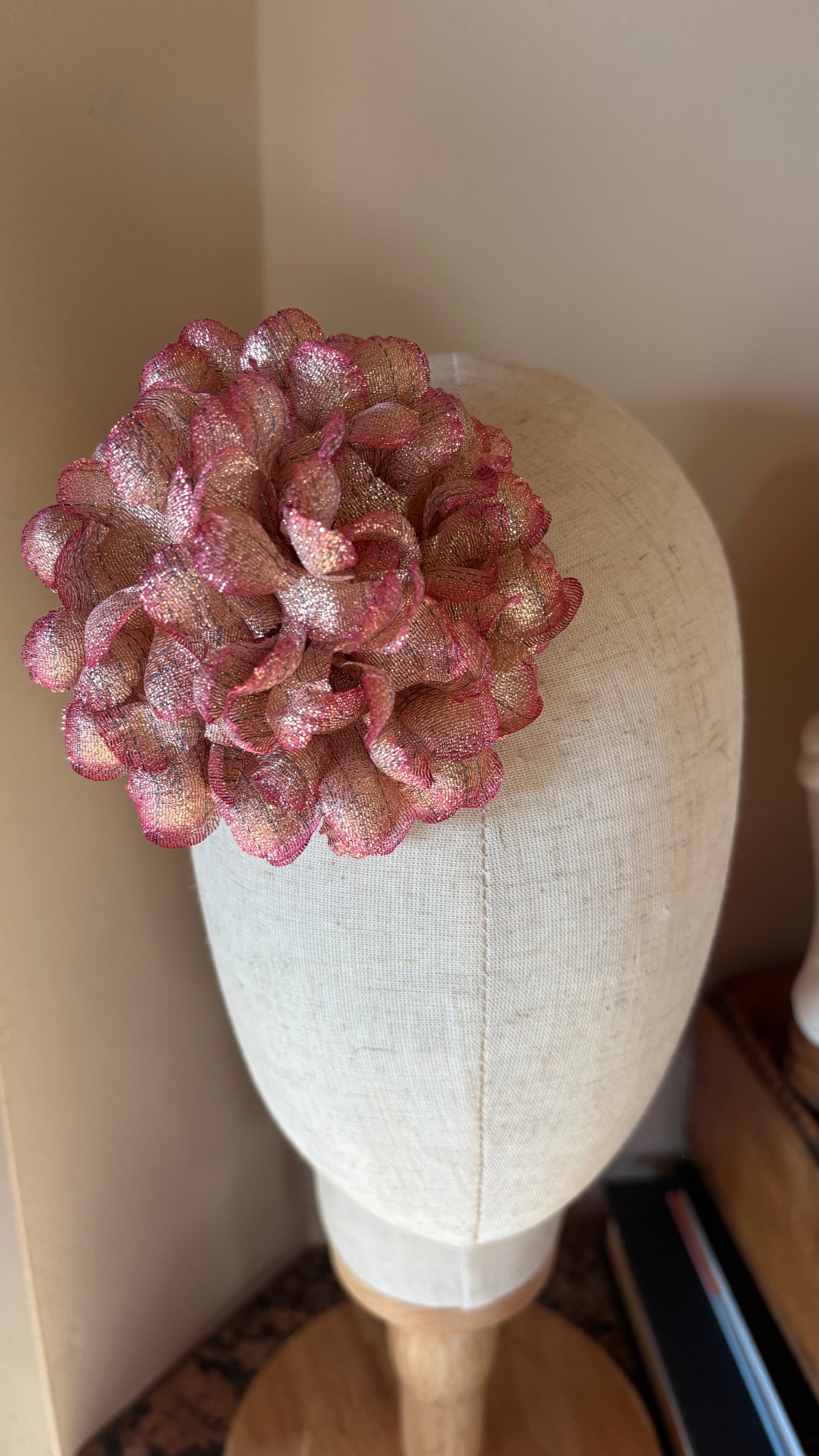 "Astrid" Silk Mum Flower Pink Gold Brooch and Clip Made in the USA.  Wear in your hair, clip or pin onto lapel.