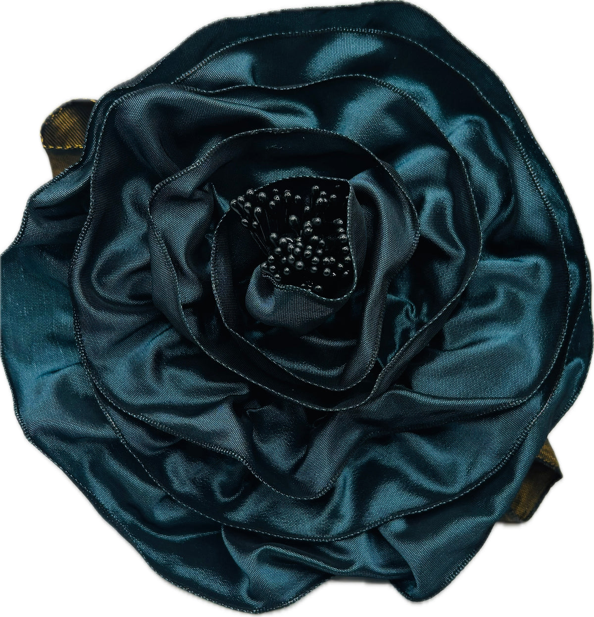 “Rosette” Brooch & Clip in Teal.  Pin or Clip to dresses, lapels, handbag or hat.  Made in the USA.  You can reshape the flower and leaves.
