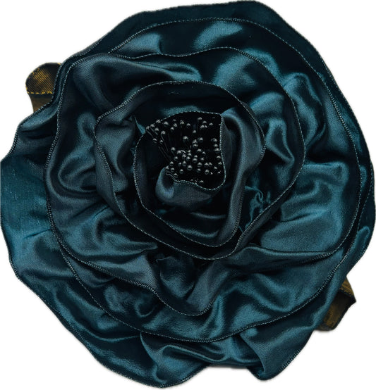 Francesca Brooch & Clip in Teal.  Pin or Clip to dresses, lapels, handbag or hat.  Made in the USA.  You can reshape the flower and leaves.  Taffeta from France.