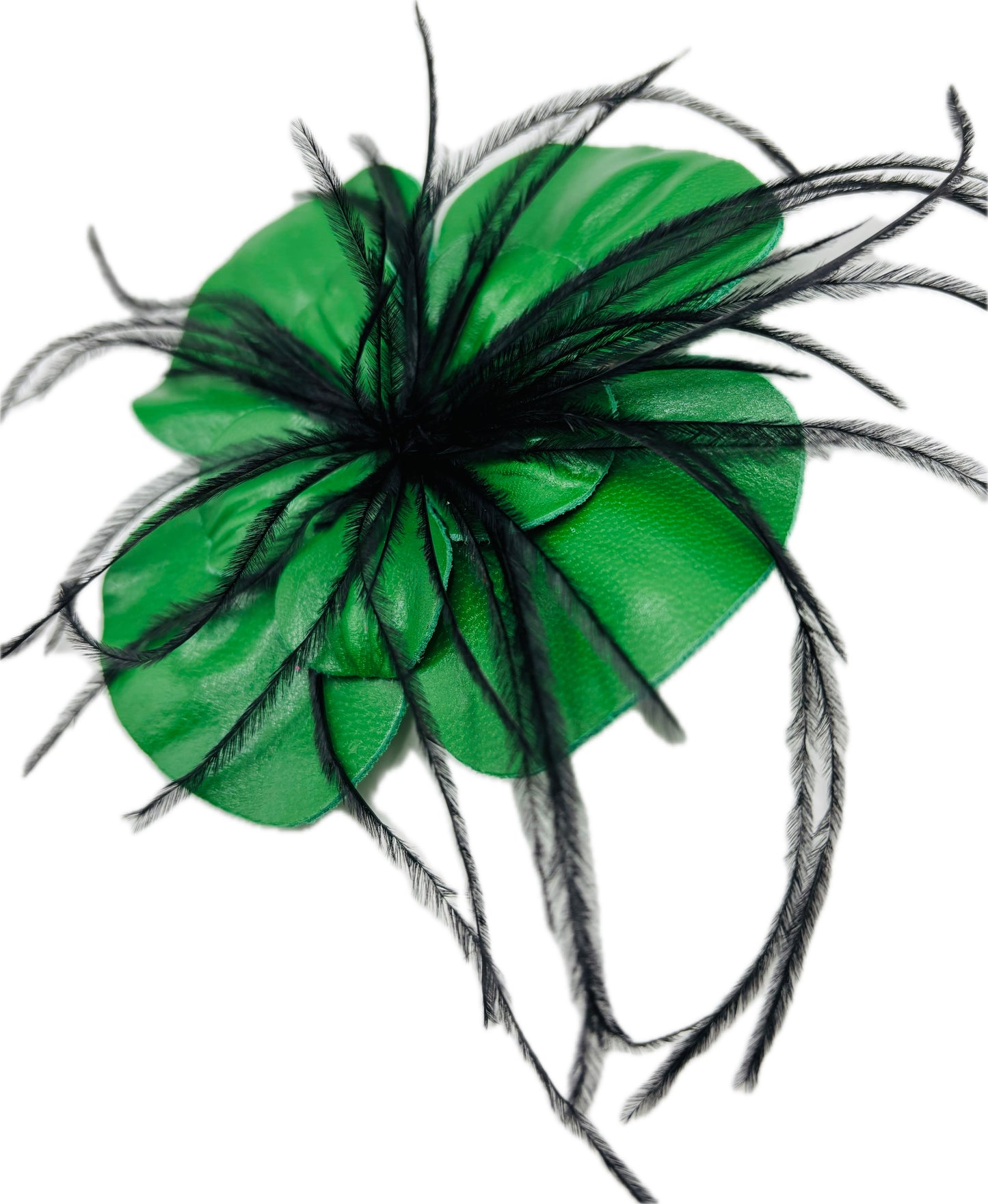 "Min" Leather Camellia & Ostrich Green Brooch Clip. 4" Clip or Pin to Scarf, Into Hair, on lapel, dress, hat and more. Handmade in the USA.