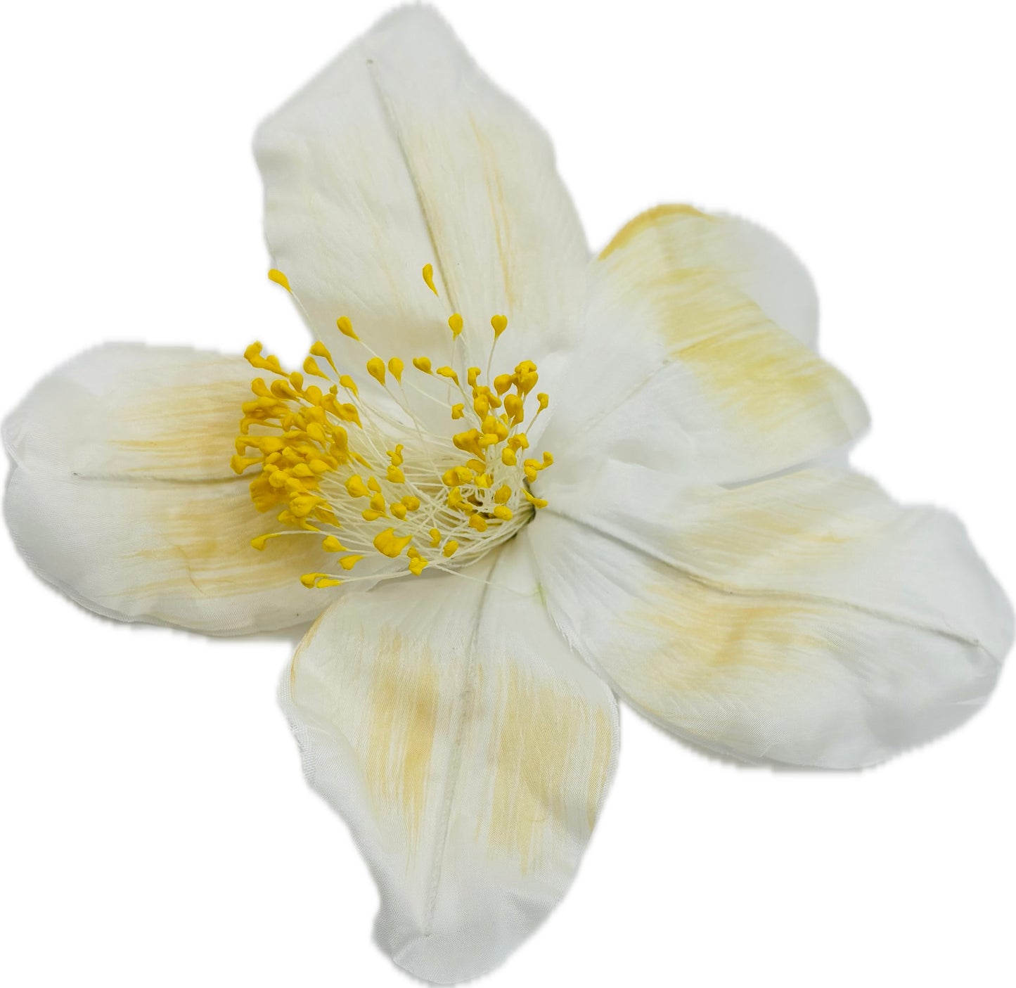 "Clementine" 4" Silk Clematis Ivory Yellow Brooch and Clip. Karin's Garden. Bendable Petals. Pin or Clip into hair, onto dress, lapel, handbag and more.