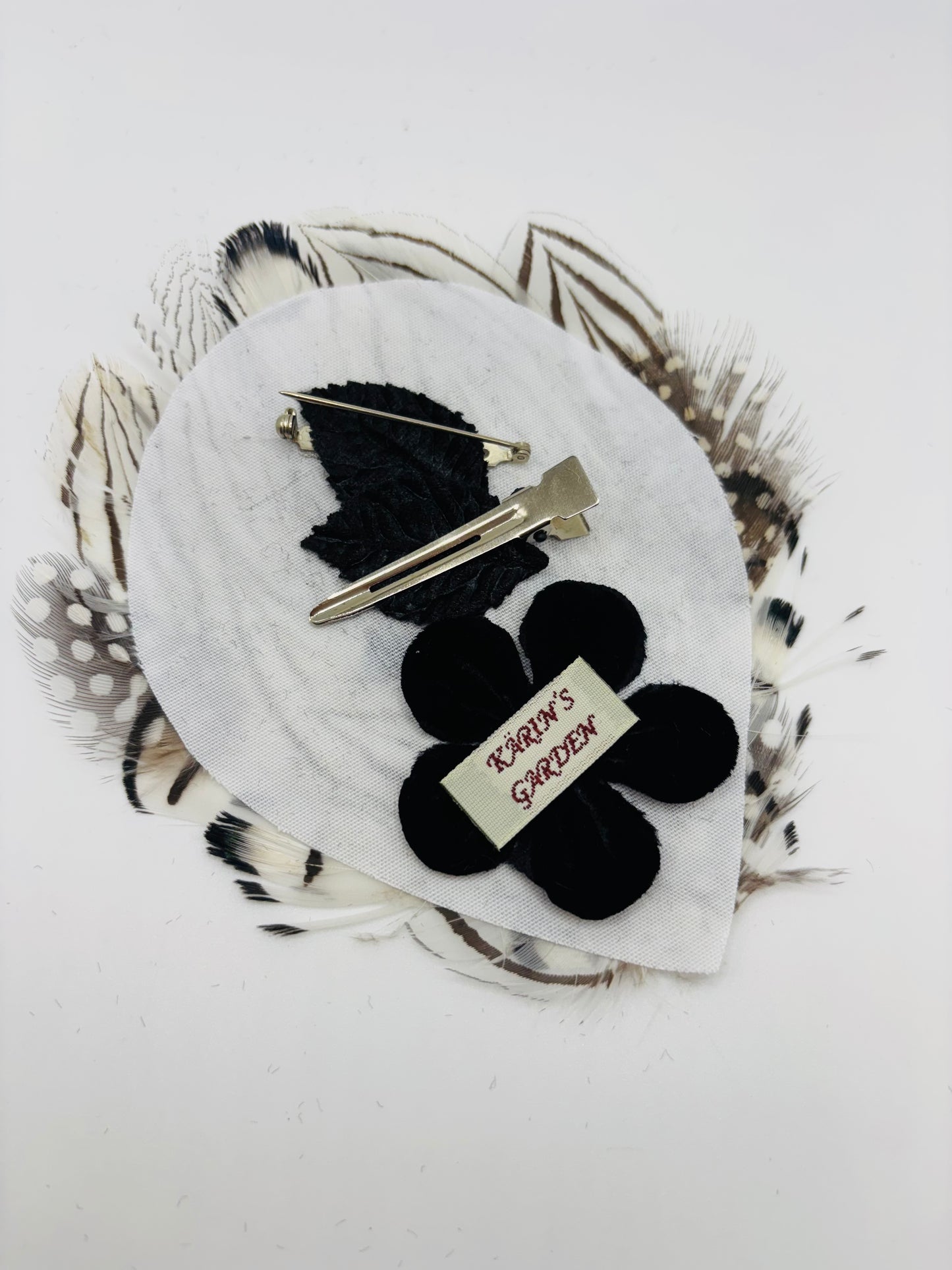 "Garbo" Black White Feather Pin & Clip.  Pin or Clip onto lapel, dress, onto hair and more