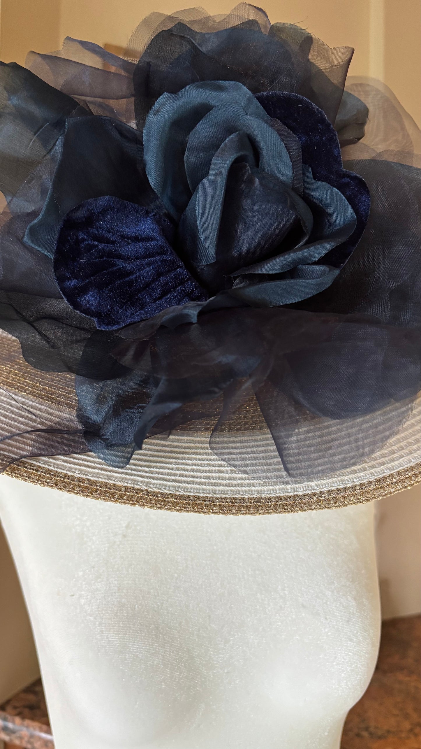 Karin's Garden 10" "Ariana" Navy Blue Silk & Velvet Organza Rose Pin & Clip.  A Statement Flower