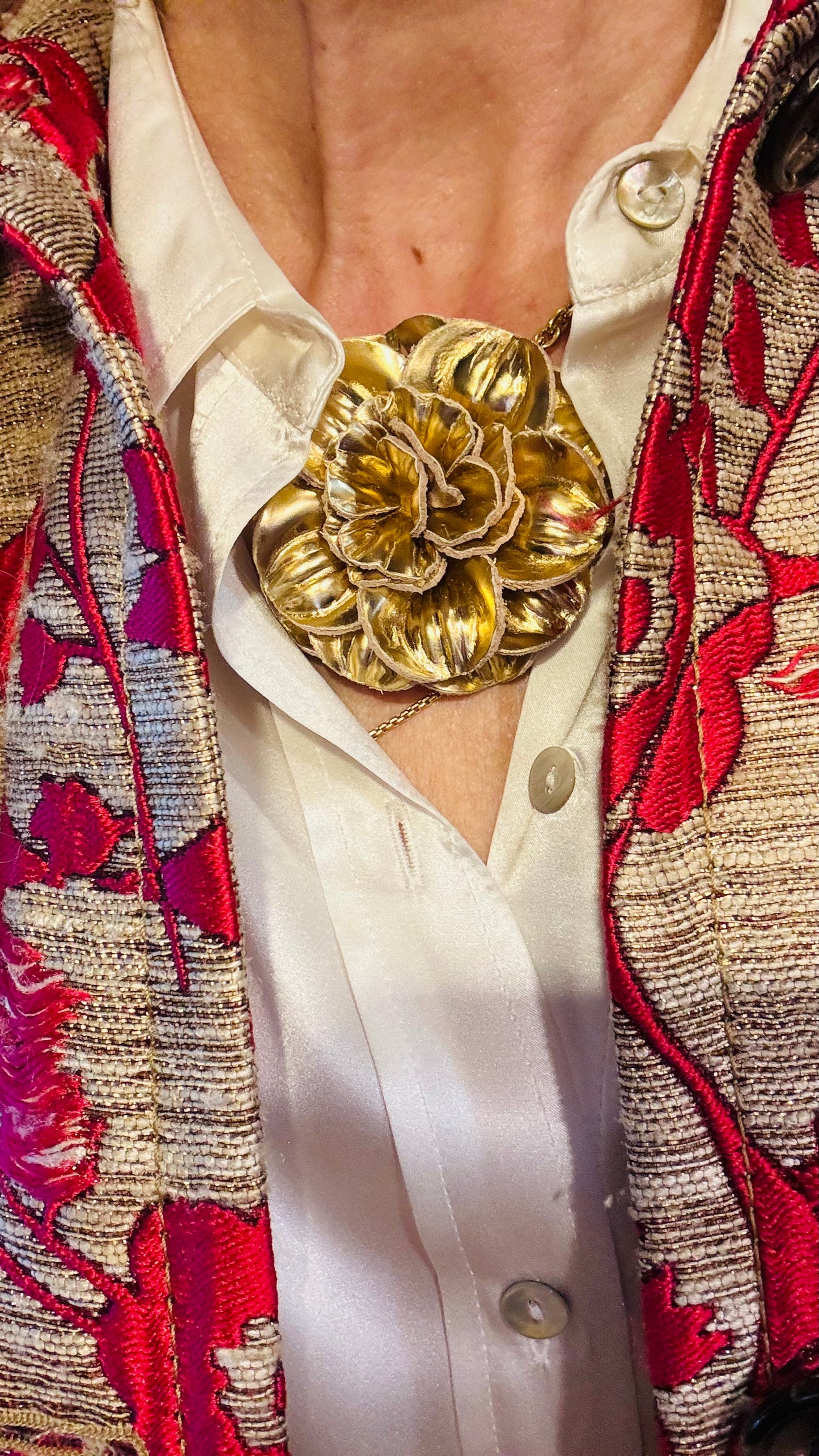 "Roxi" Patent Leather Gold Flower Brooch & Clip. 2.25" Clip into hair, onto lapel, necklace, purse, hat & more.  Made in the USA with Love.