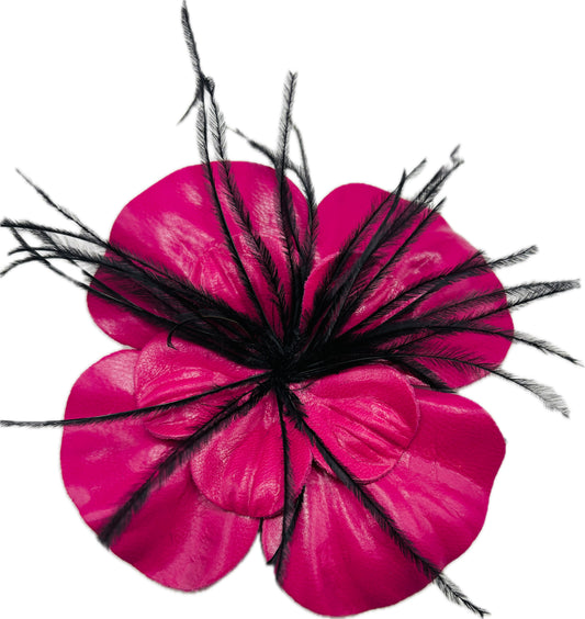 "Min" Leather Camellia & Ostrich Pink Brooch Clip. 4" Clip or Pin to Scarf, Into Hair, on lapel, dress, hat and more. Handmade in the USA.