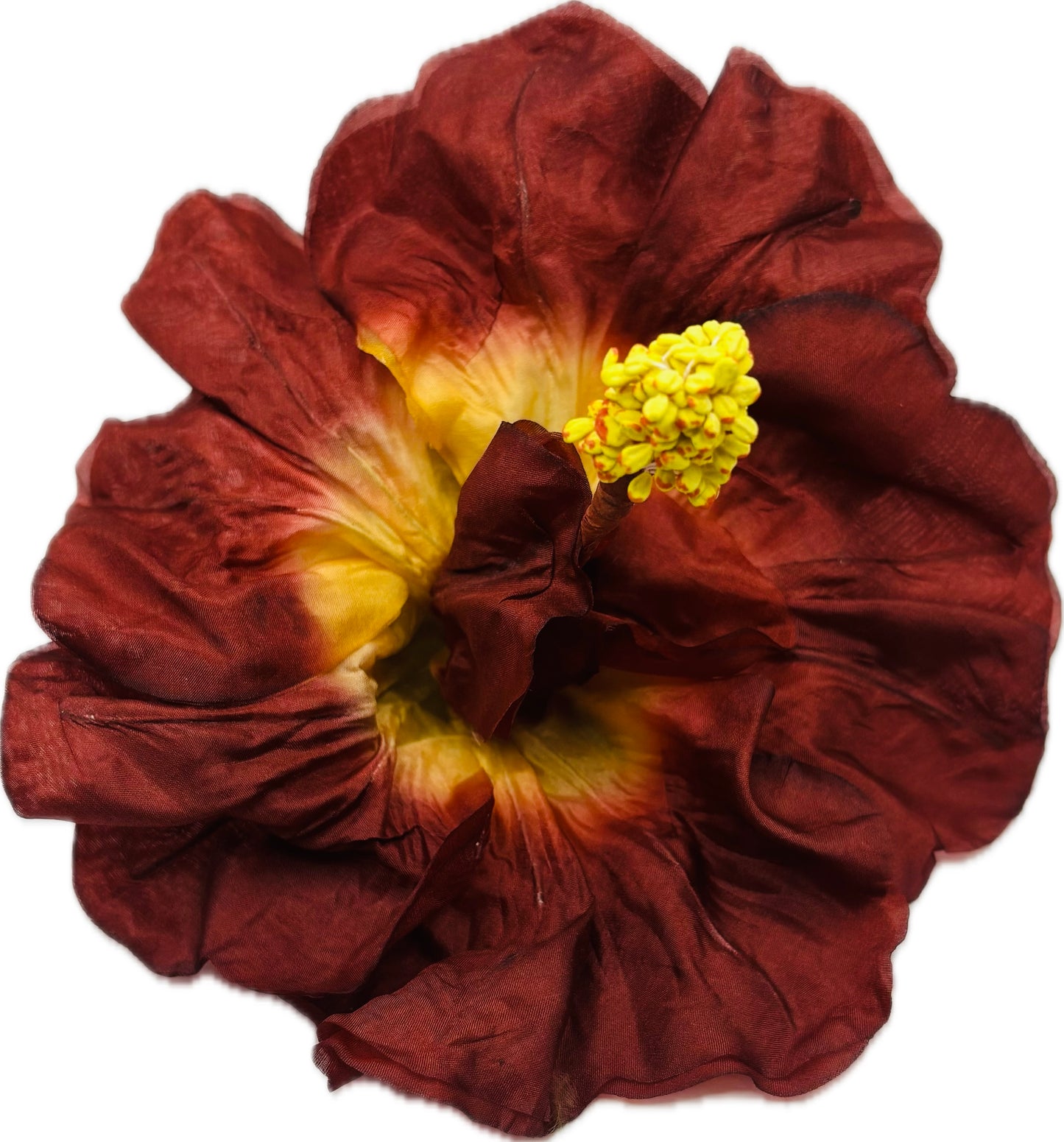 "Caterina" Vintage German Terra Cotta Silk GDR Hibiscus 6" Reimagined Mid-Century Brooch & Clip Duo.  For your sundress, handbag, hat & lapel.