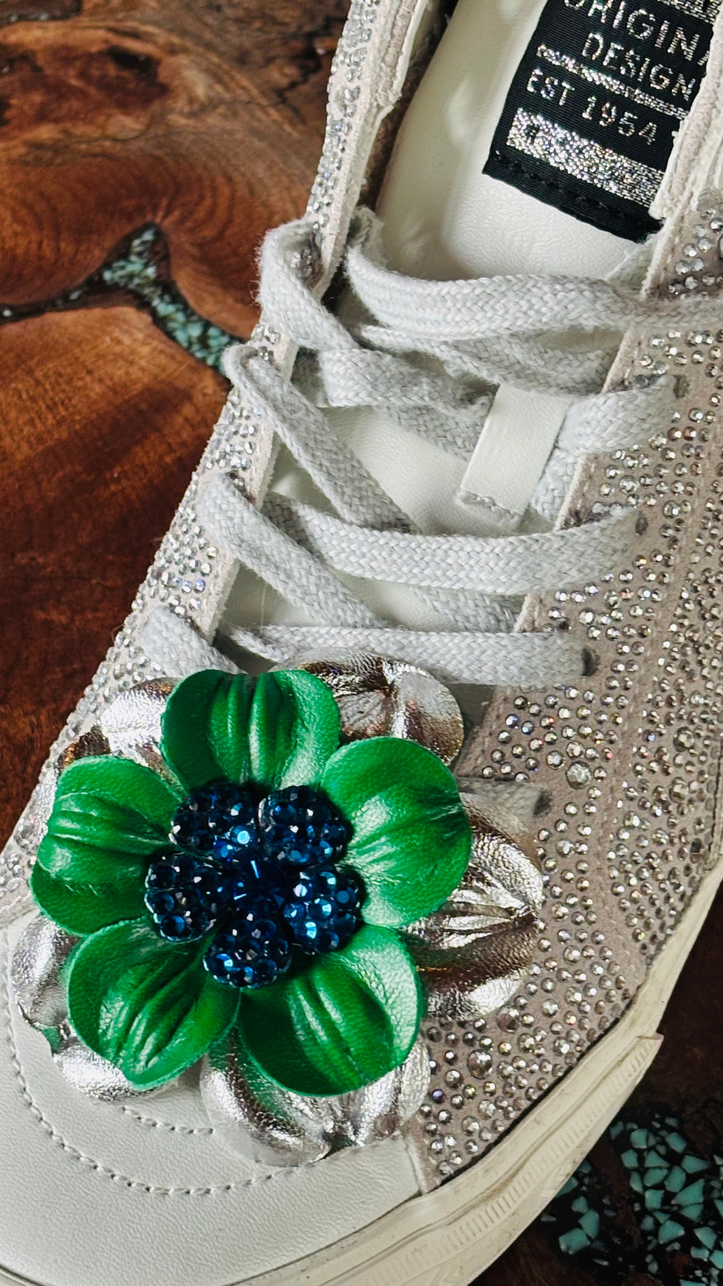 "Seahawks" Glam Leather Crystal Daisy Pin & Clip 2 1/2".  Crystal Center.  Blue with Green Center. Made in Seattle with Love