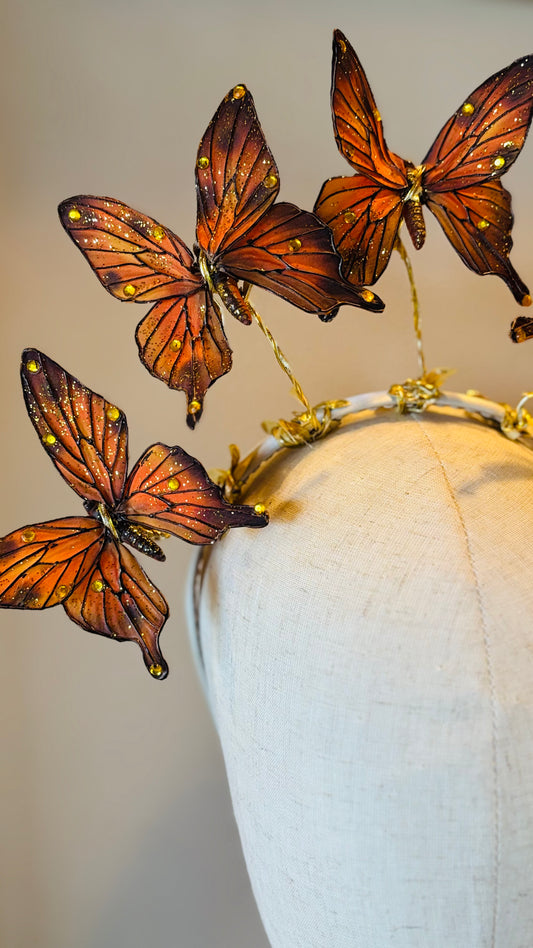 “Vanessa” Orange Butterflies Headband.  Comfort Fit Silk Headband, Bendable Butterflies.  Handmade in Bellevue, Washington. Clothing by detailsdancewear