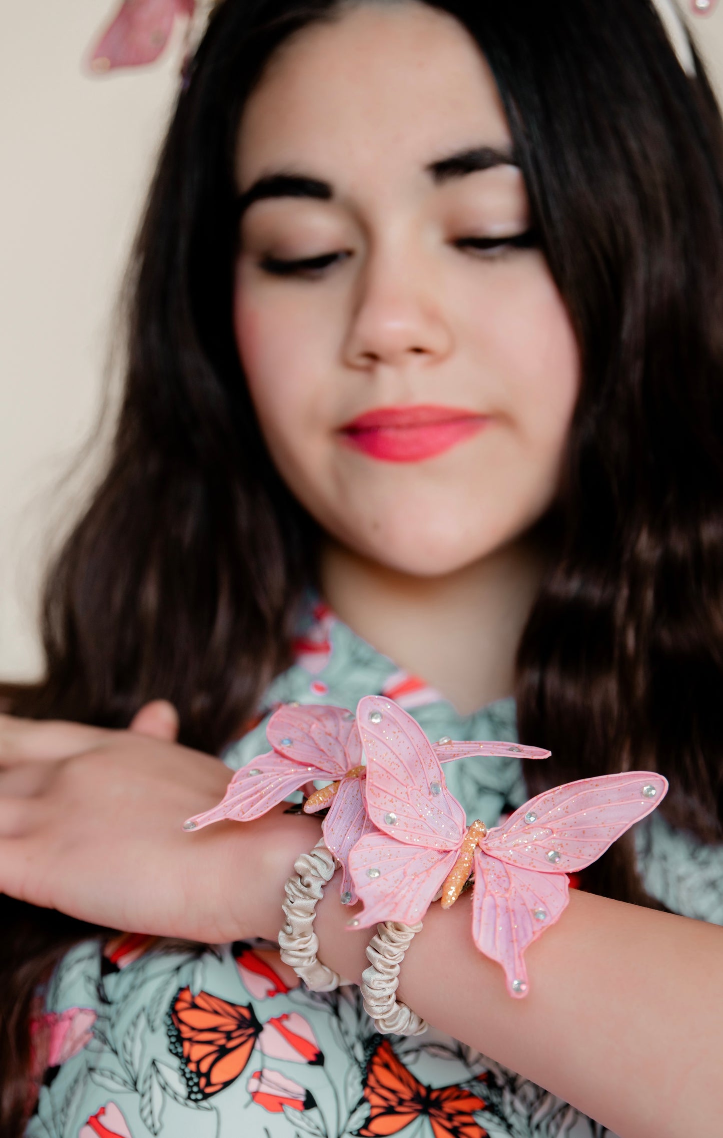 "Vanessa" Karin's Garden 3" Pink Butterfly clip. Bendable petals. Wear in your hair, clip to wristlet, clip on lapel, tank top or dress.  Clothing by detailsdancewear