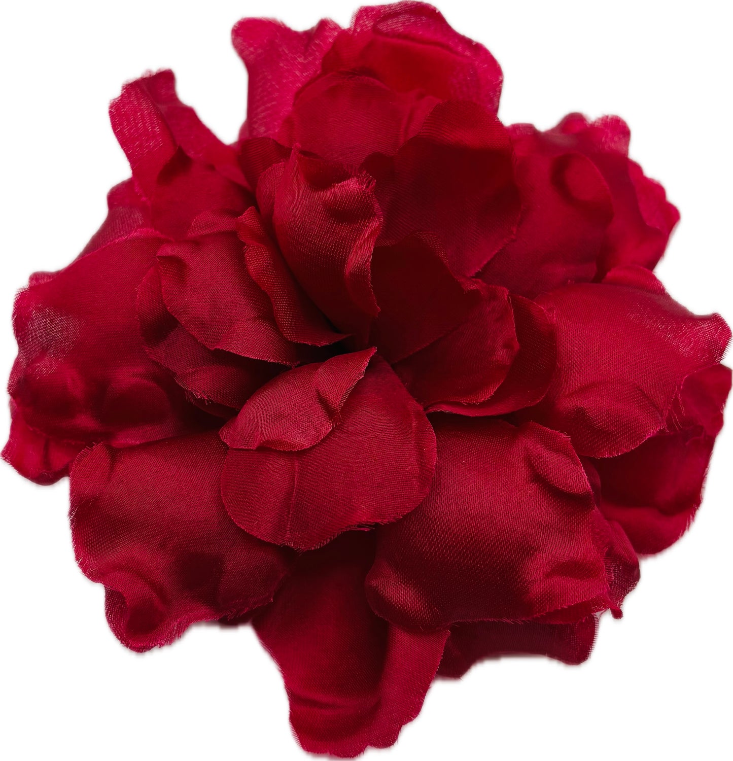 Karin's Garden "Harper" 4" Silk Red Satin Gardenia Pin Brooch and Clip. Handmade in the USA.  Pin or Clip into hair, onto dress, lapel, handbag and more.