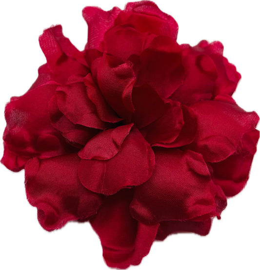 Karin's Garden "Harper" 4" Silk Red Satin Gardenia Pin Brooch and Clip. Handmade in the USA.  Pin or Clip into hair, onto dress, lapel, handbag and more.