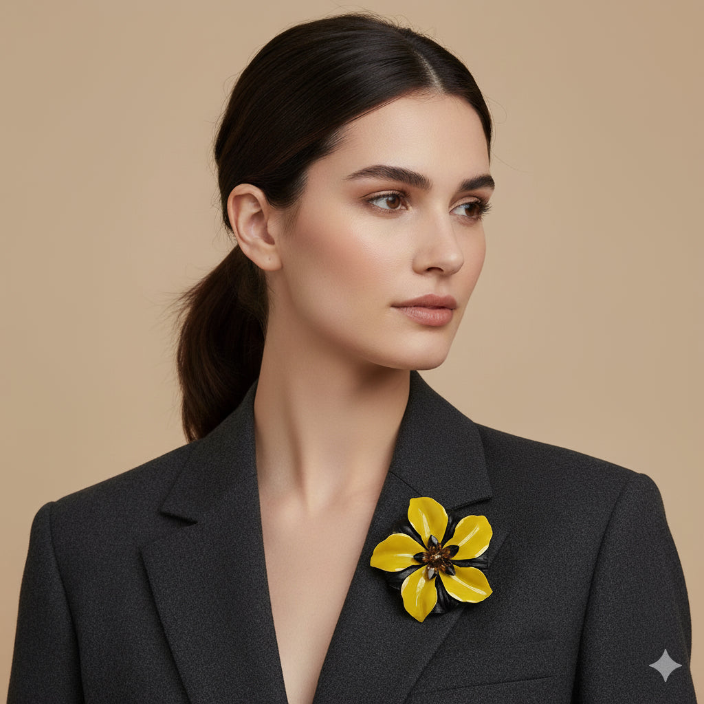 "Leigh" Enamel with Leather and Crystals Brooch Clip 2.5" Navy Gold