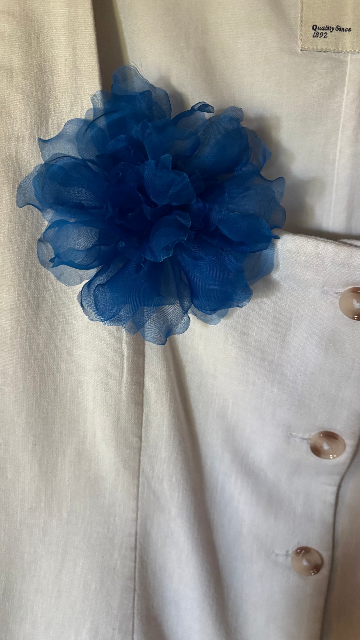 Karin's Garden "Harper" 4" Silk Royal Blue Organza Gardenia Pin Brooch & Clip. Handmade in the USA.  Pin or Clip into hair, onto dress, lapel, handbag and more.