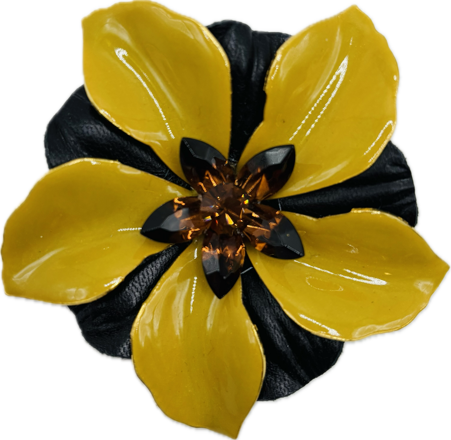 "Leigh" Enamel with Leather and Crystals Brooch Clip 2.5" Navy Gold