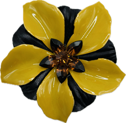 "Leigh" Enamel with Leather and Crystals Brooch Clip 2.5" Yellow and Black