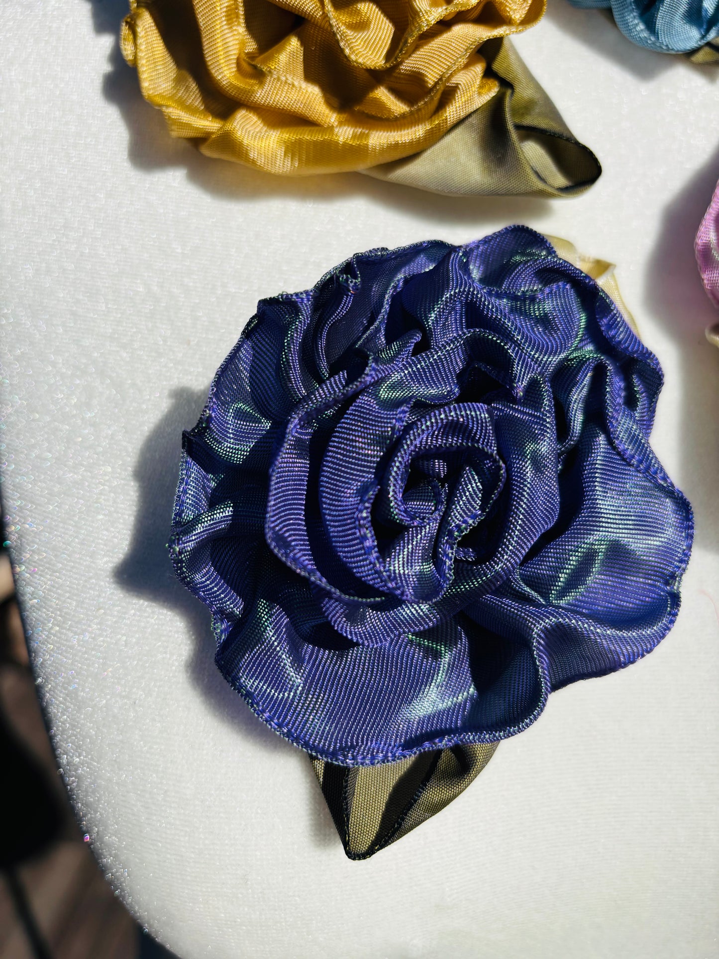 Karin's Garden 3" “Rosette” Pin.  Pin to dress, lapel or wear as a boutonniere. Made in the USA.  You can reshape the flower and leaves to make it larger or smaller.