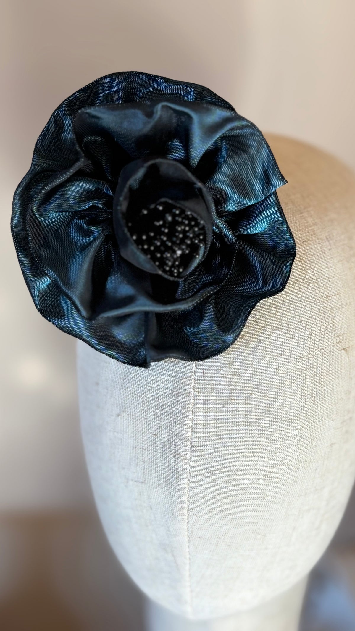 Francesca Petite Brooch & Clip in Teal.  Pin or Clip to dresses, lapels, handbag or hat.  Made in the USA.  You can reshape the flower and leaves.  Taffeta from France.