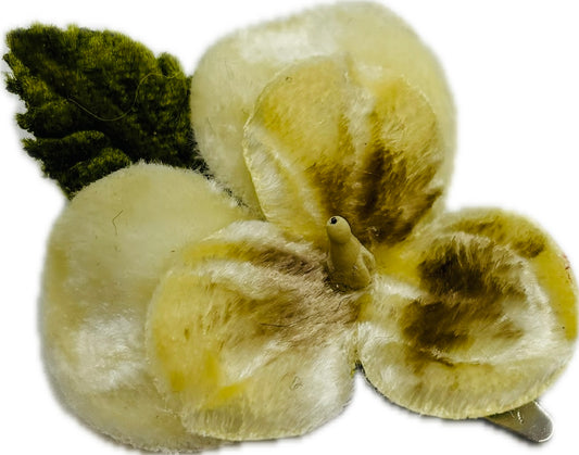 Karin’s Garden “Violet”Ivory Velvet Pansy Clip. Clip into hair, cute in braids, clip to lapel, hat, handbag, dress, onto gifts & more.