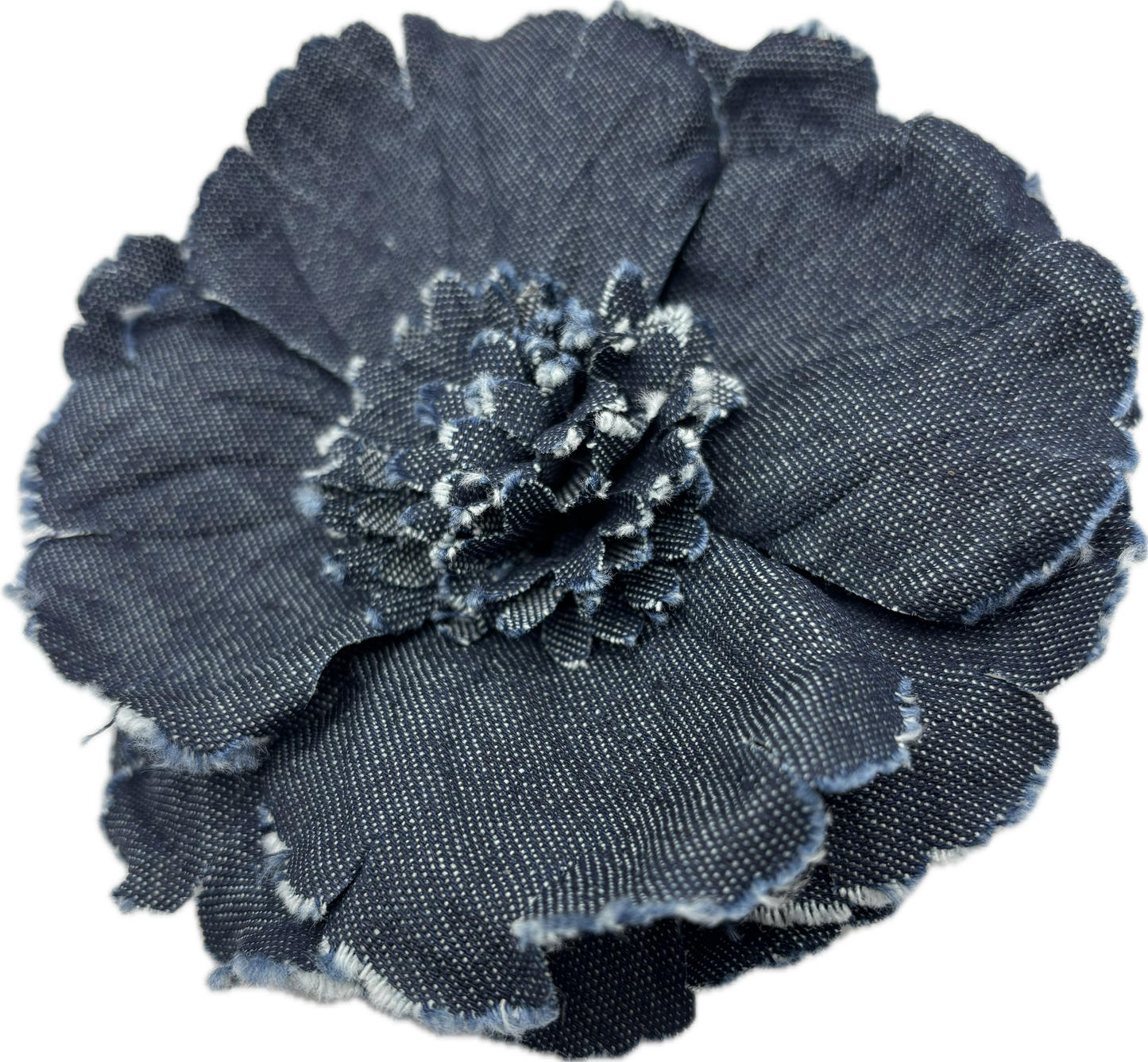 "Indigo" Denim Camellia Brooch & Clip.  Made in the USA.  Pin to your lapel, dress, scarf, hat and more.