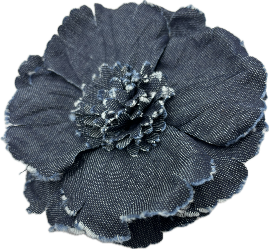 "Indigo" Denim Camellia Brooch & Clip.  Made in the USA.  Pin to your lapel, dress, scarf, hat and more.