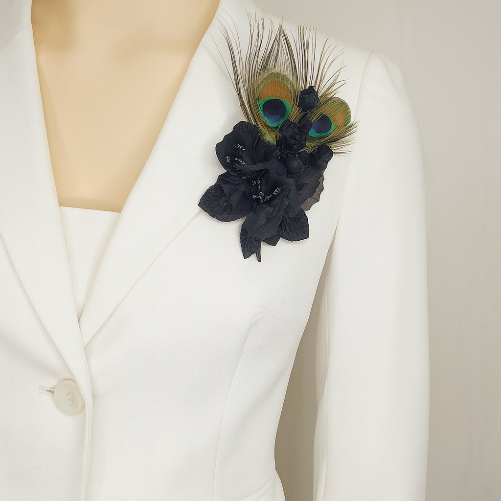 "Pavo Fleur" Peacock and Black Velvet Flower Brooch.  Karin's Garden
