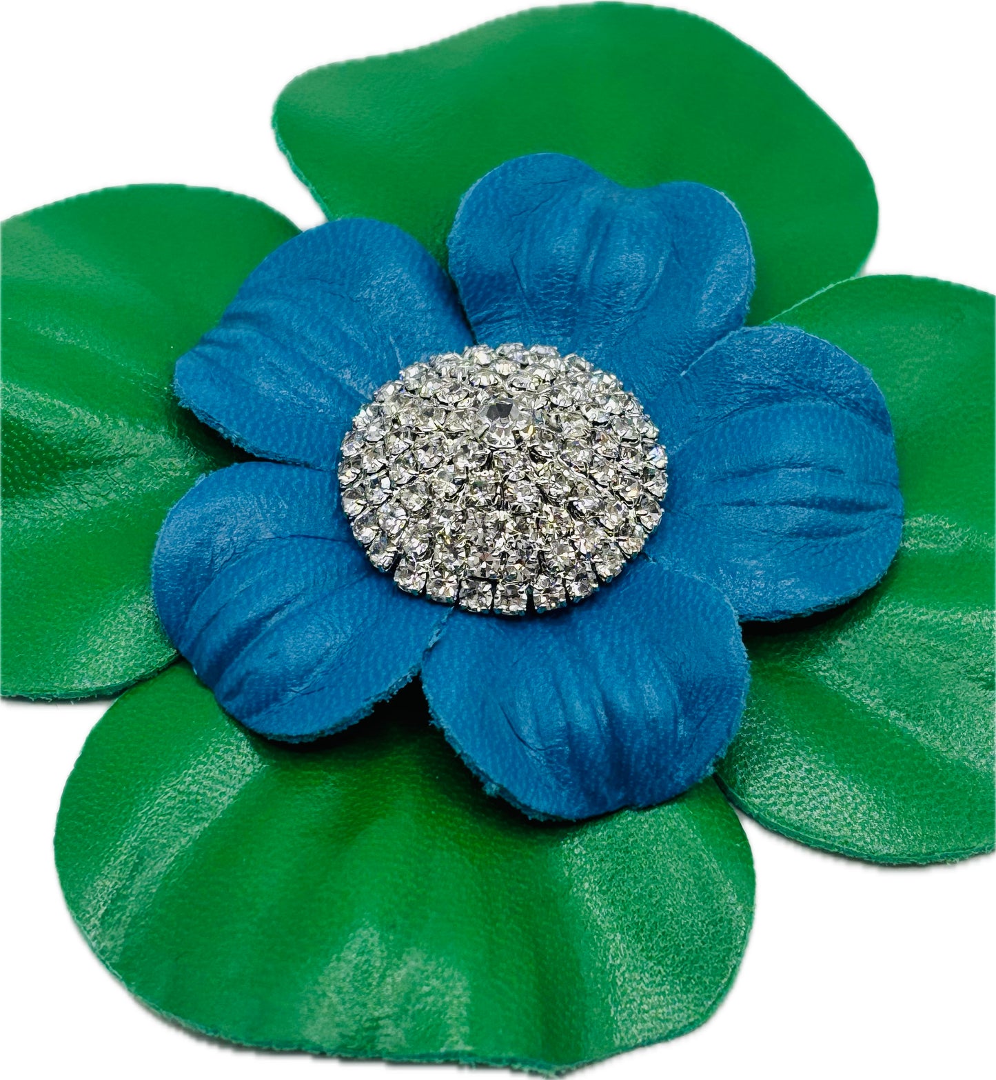 "Min" Seattle Seahawks Leather Camellia Brooch Clip. 4" Clip or Pin to Scarf, Into Hair, on lapel, dress, hat and more. Handmade in the USA.