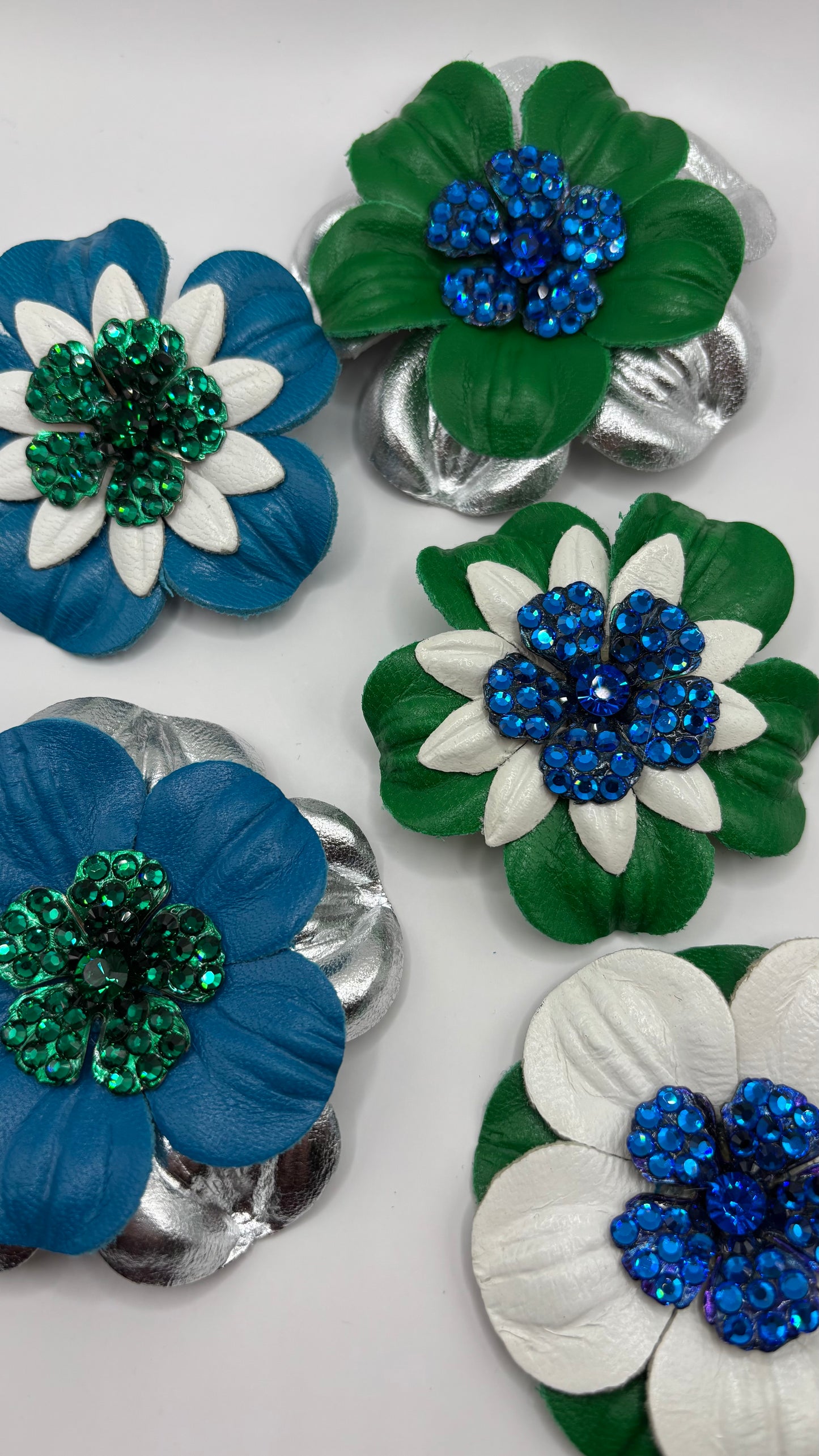 "Seahawks" Petite Leather & Green Crystal Flower Pin & Clip. Made in Seattle, WA