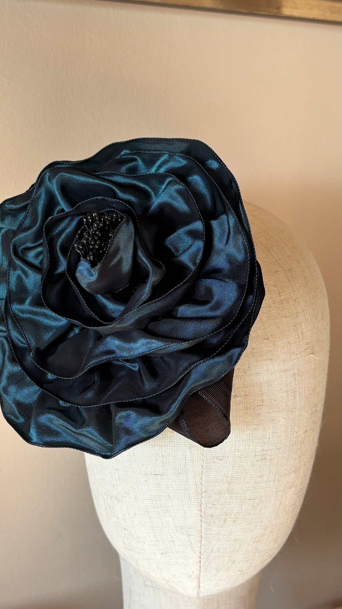 “Rosette” Brooch & Clip in Teal.  Pin or Clip to dresses, lapels, handbag or hat.  Made in the USA.  You can reshape the flower and leaves.
