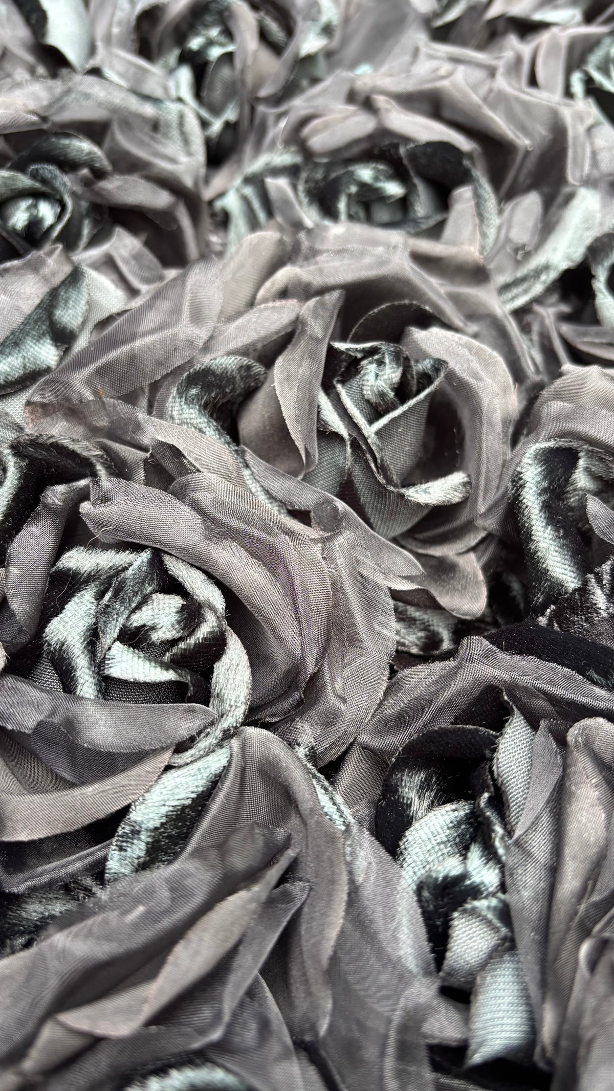 St John Black Silk Organza and Silk Velvet Rose Pin Clip. Wear in your hair, on your lapel, dress, on handbag, necklace or hat.