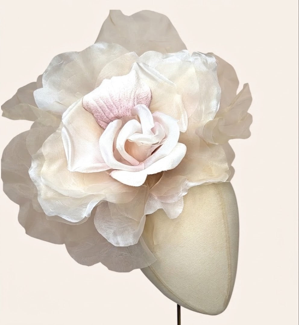 Karin's Garden 10" "Ariana" Romantic Ivory Pink Silk & Velvet Organza Rose Pin & Clip.  A Statement Flower