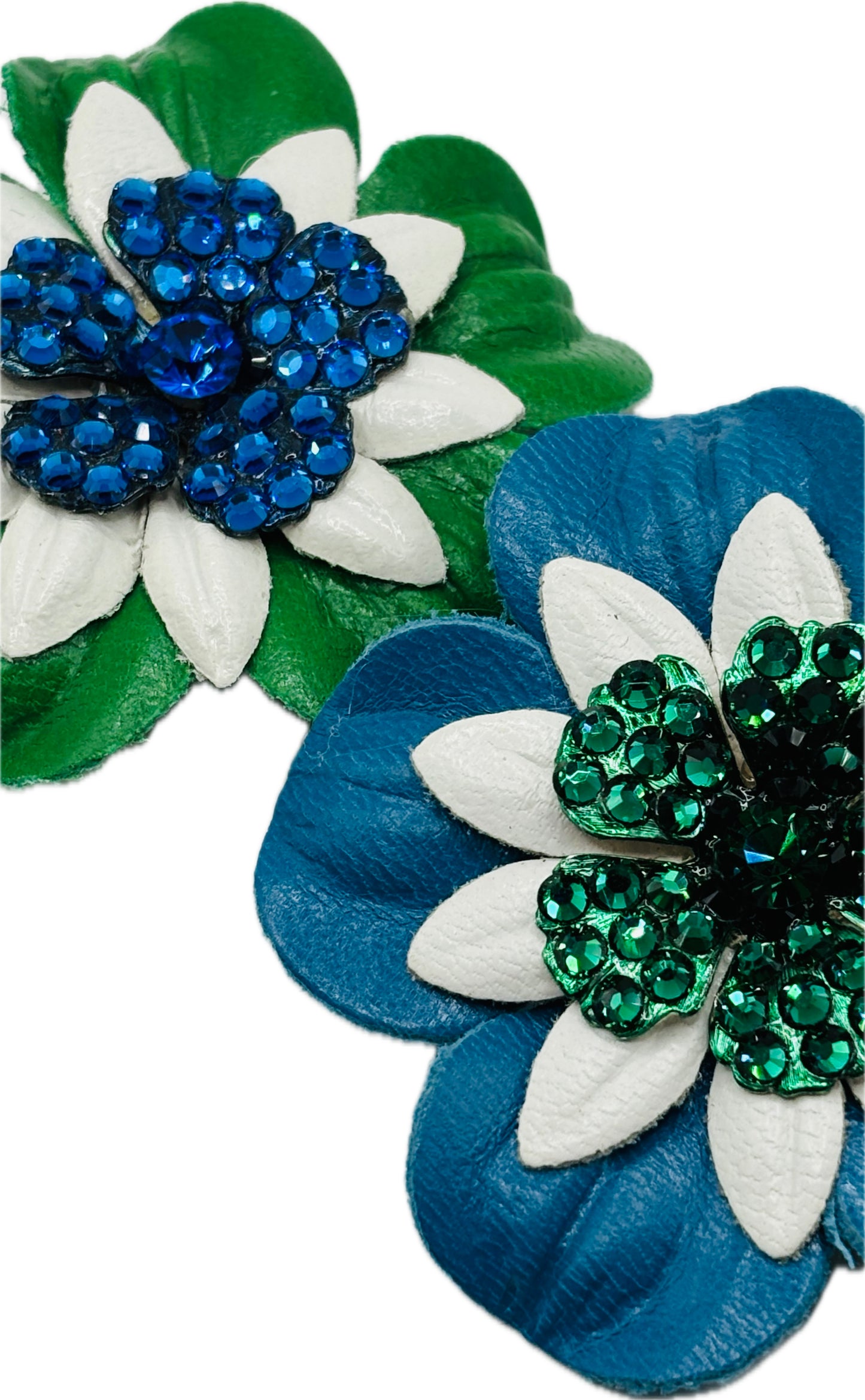 "Seahawks" Petite Leather & Green Crystal Flower Pin & Clip. Made in Seattle, WA