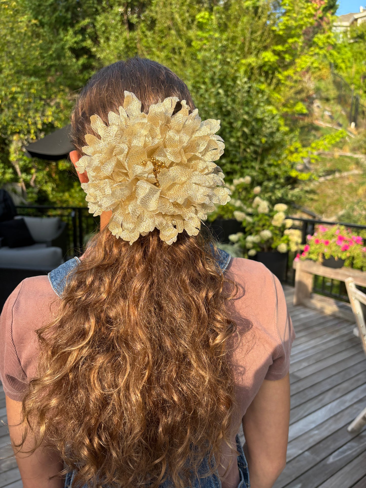 Karin’s Garden Empress 8" Gold Metallic Flower Pin and Clip.  Made in the USA with Love