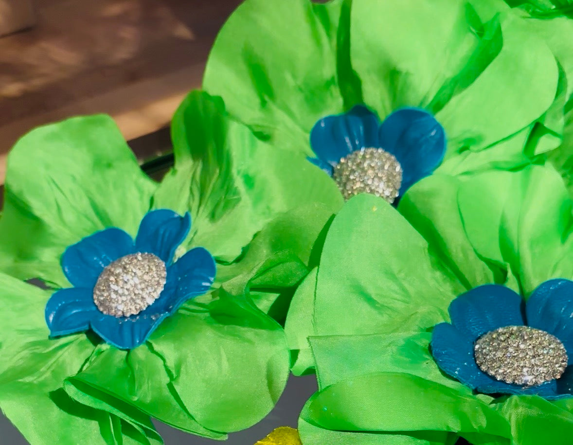 "Seattle SEAHAWKS" Lime and Blue Leather Silk Poppy Crystal Center Brooch and Clip: Bendable Petals.  Wear on jersey, in hair, on handbag and more