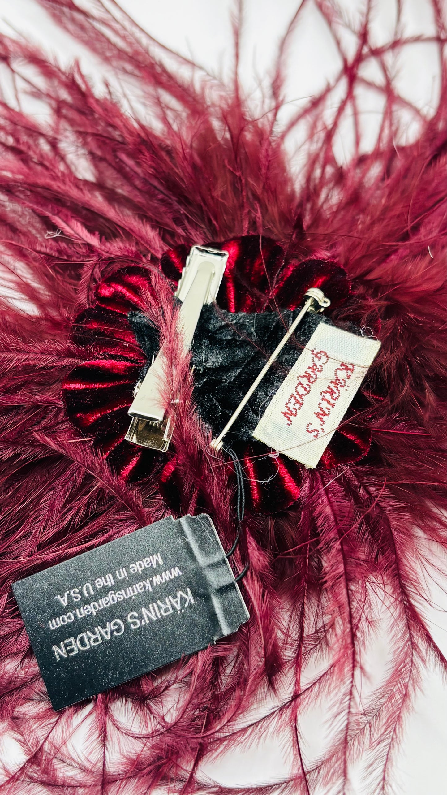 Dietrich Petite Ostrich Pin & Clip in Bordeaux.  Handmade in the USA. Genuine Ostrich. Available in many colors.  Available in Petite or Grand