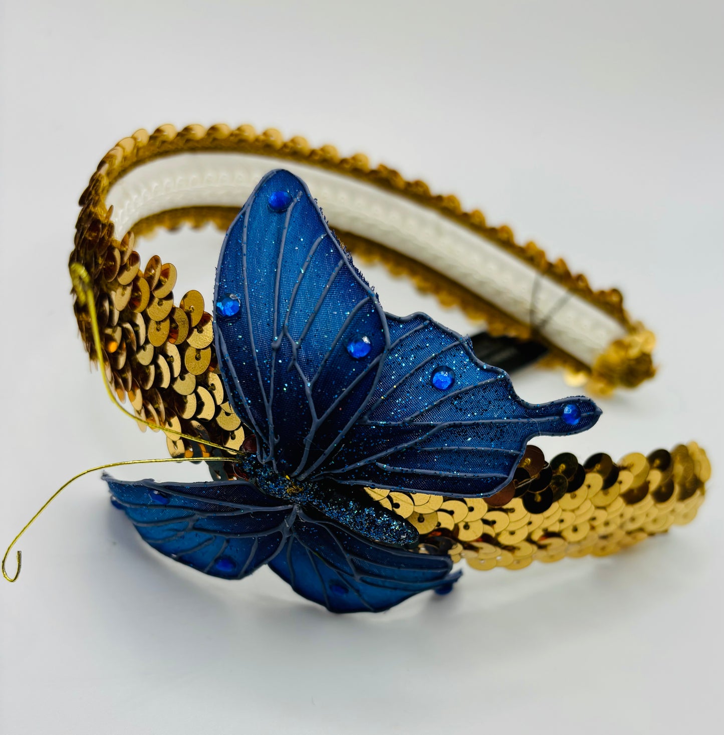 Karin's Garden Gold Sequin 1" Headband with Blue Butterfly