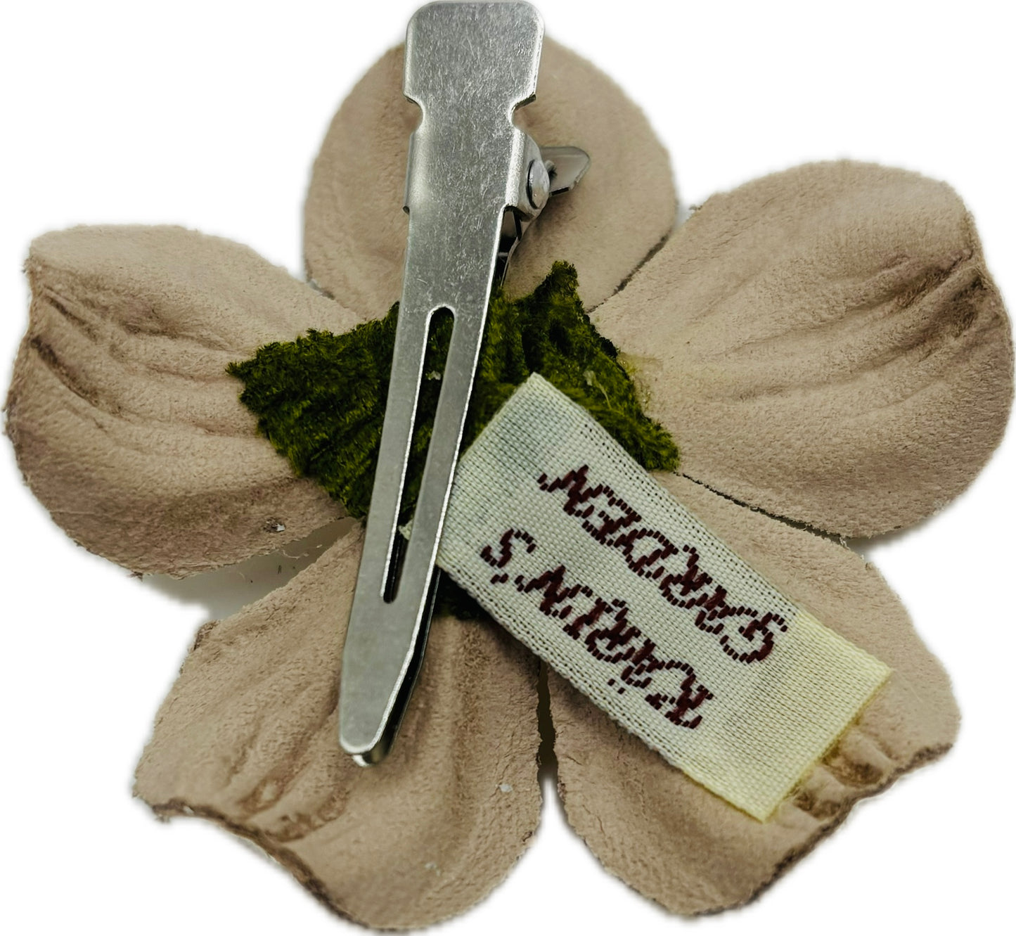 “Claudette” Gold Leather & Jeweled Flower Clip. 2.25" Clip into hair, onto lapel, necklace, purse, hat & more.  Made in the USA with Love.