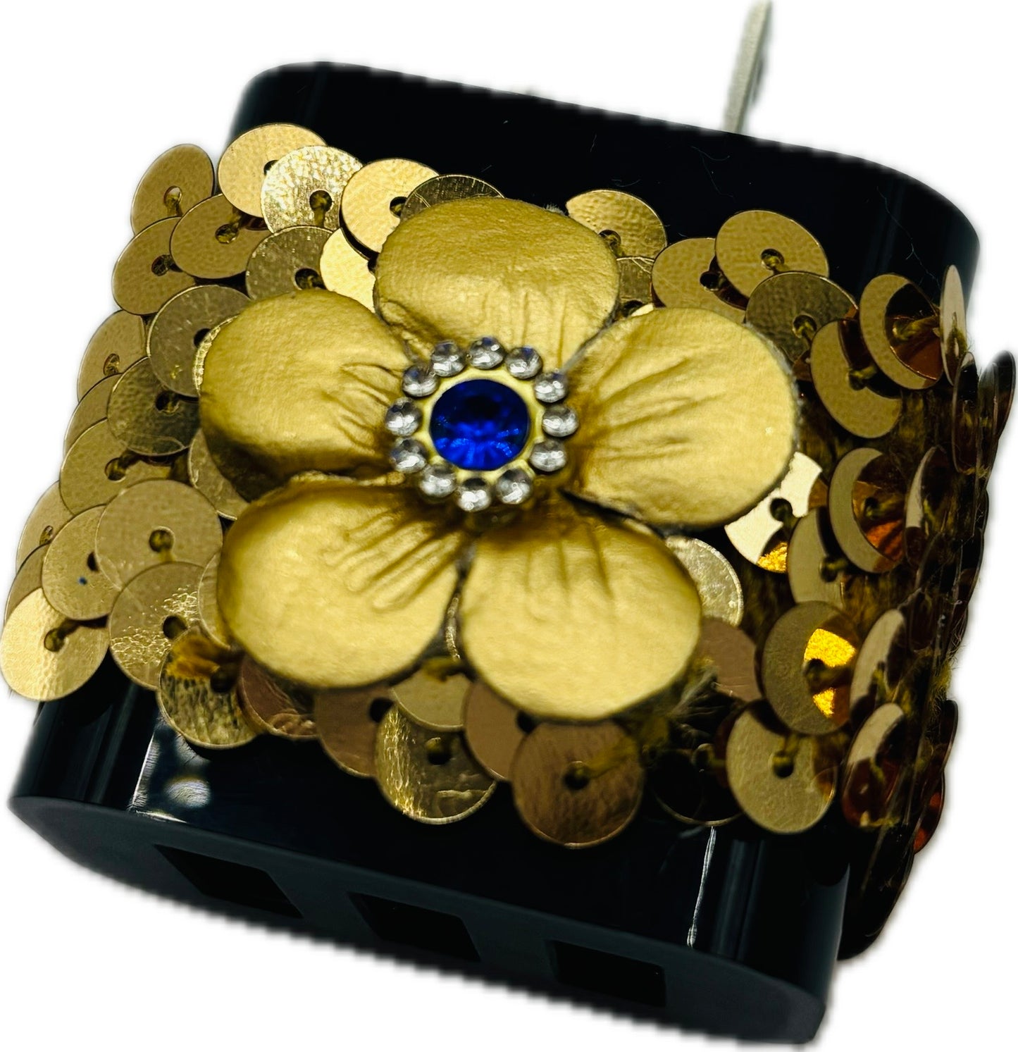 Karin's Garden Navy Phone Charger Gold Sequin & Gold Leather Flower with Crystals