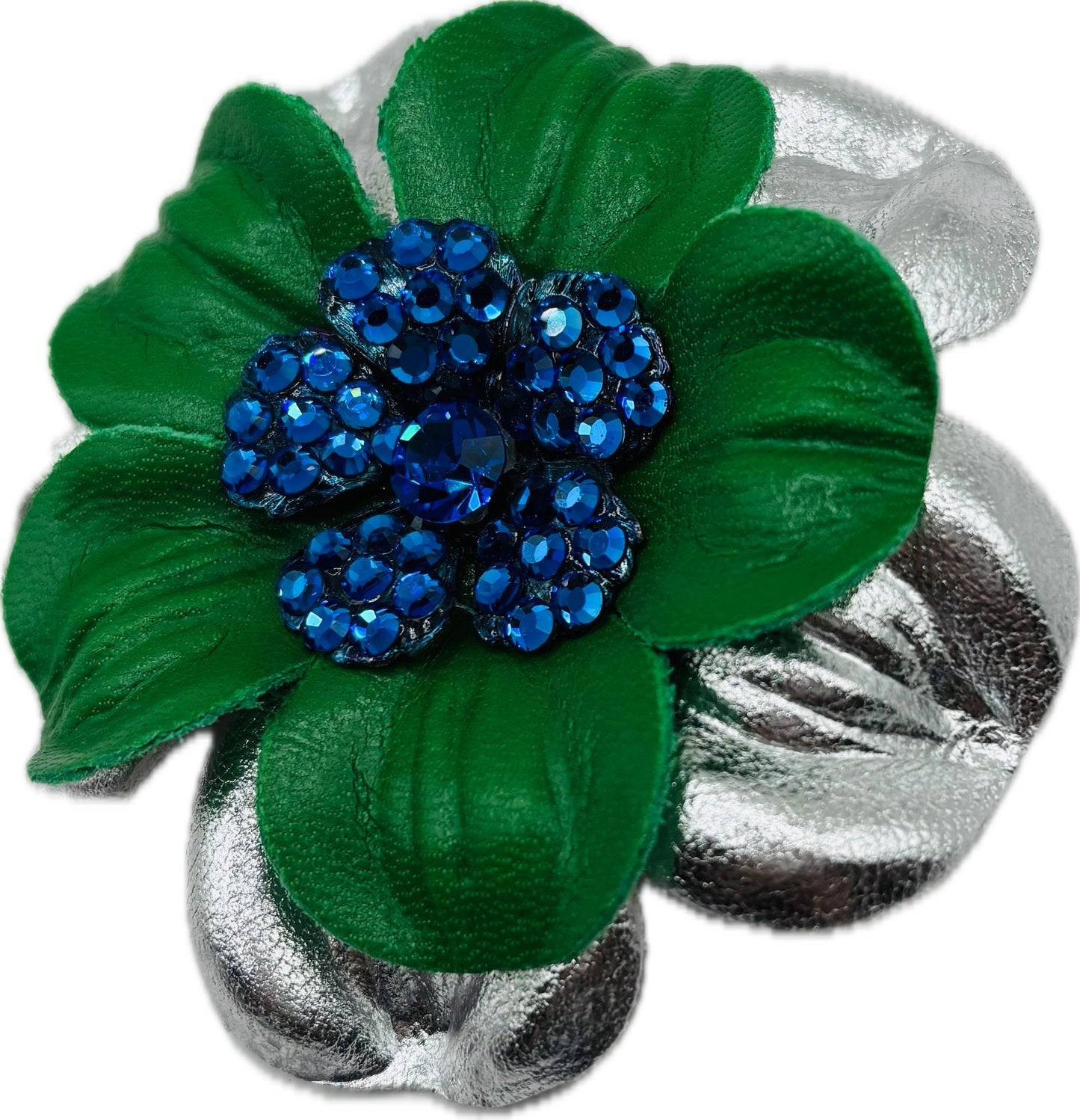 "Seahawks" Glam Leather Crystal Daisy Pin & Clip 2 1/2".  Crystal Center.  Green with Blue Center. Made in Seattle with Love