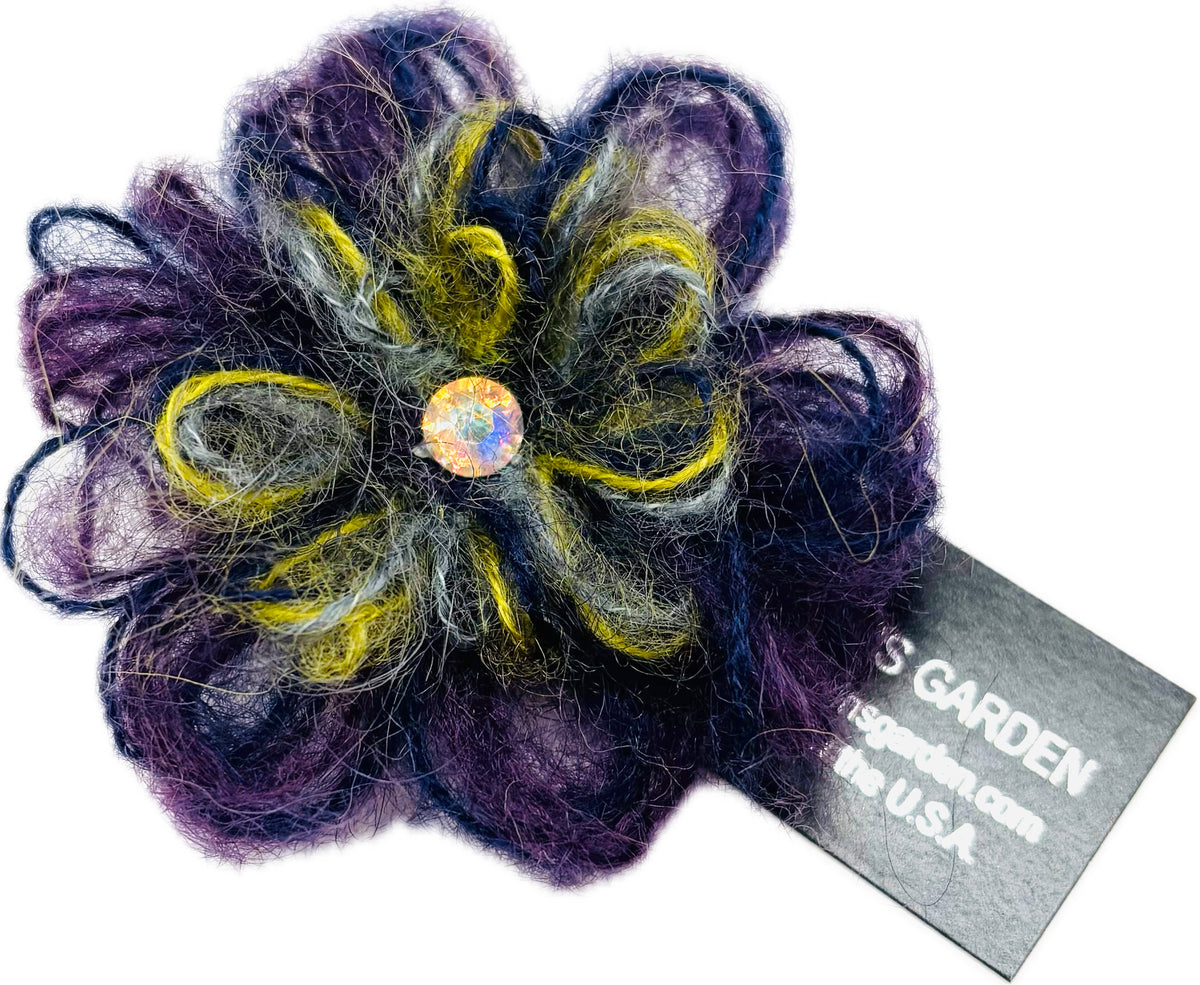 Enya Mohair Flower with Crystal Brooch & Clip Two Inches Handmade in the USA