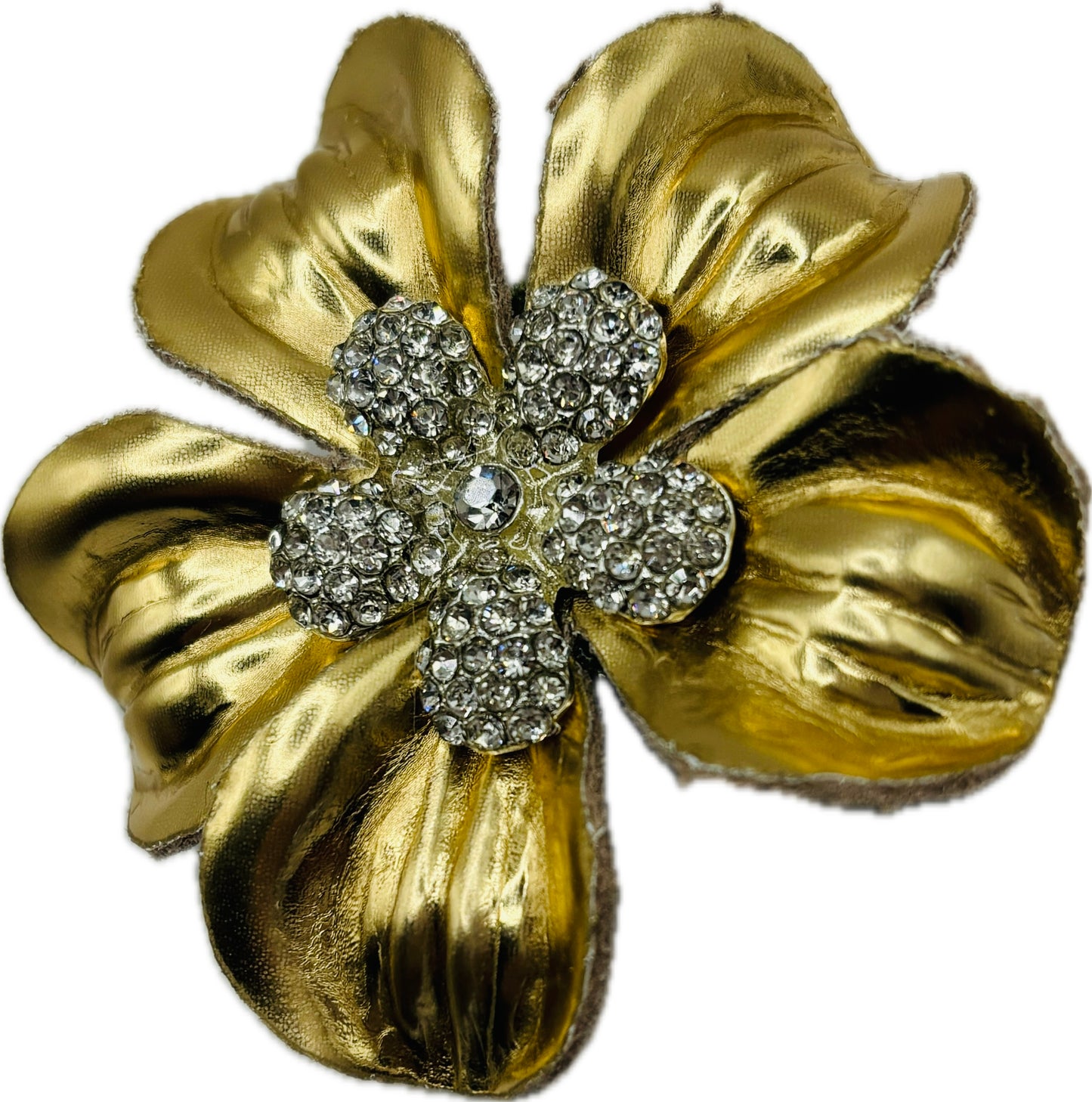“Claudette” Gold Leather & Jeweled Flower Clip. 2.25" Clip into hair, onto lapel, necklace, purse, hat & more.  Made in the USA with Love.