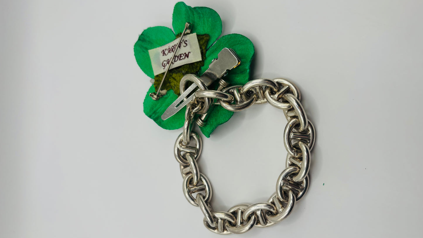 “Seahawks" 2.25 Petite Leather & Crystal Flower Pin & Clip. White with Blue Center. Made in Seattle, WA