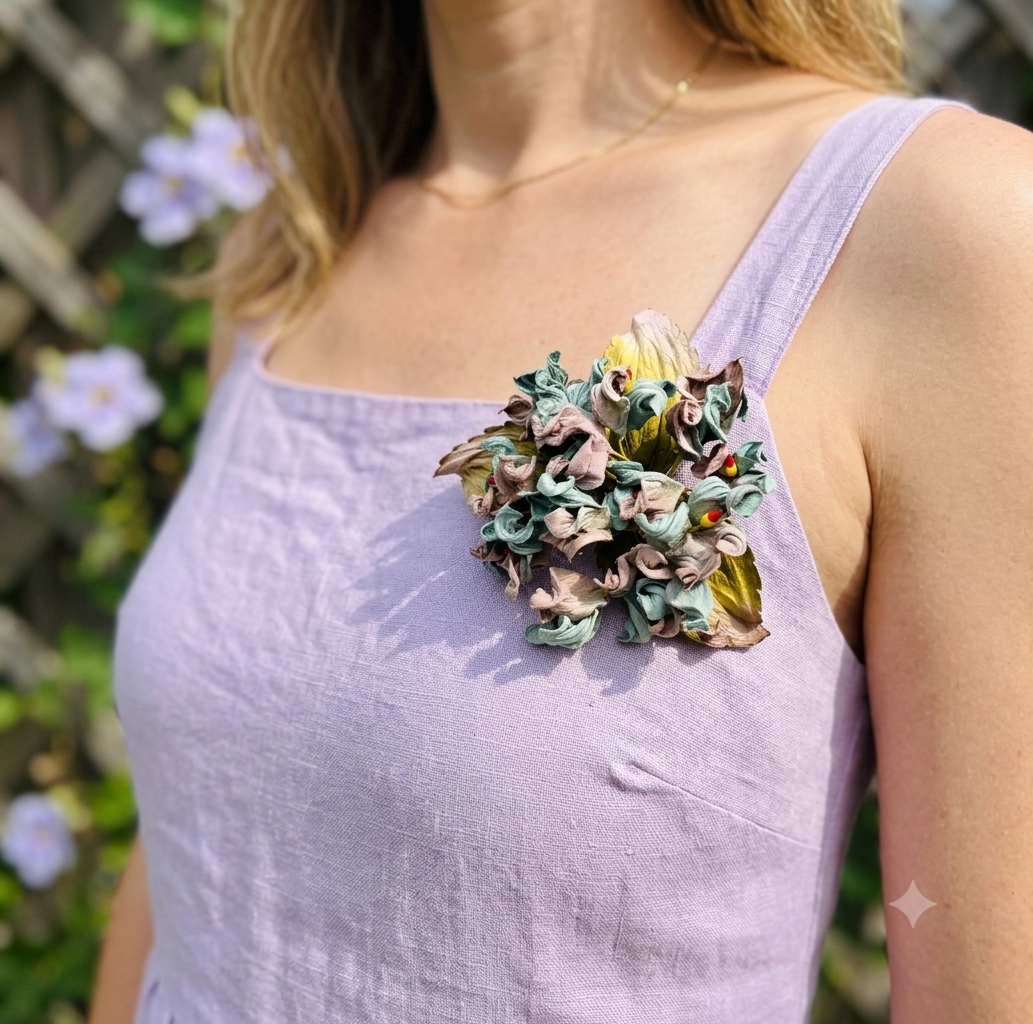 Ivy Hydrangea Flower Pin Brooch in Blue