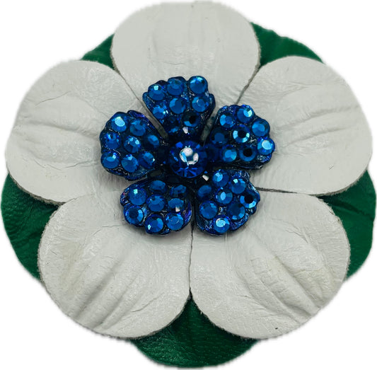 “Seahawks" 2.25 Petite Leather & Crystal Flower Pin & Clip. White with Blue Center. Made in Seattle, WA